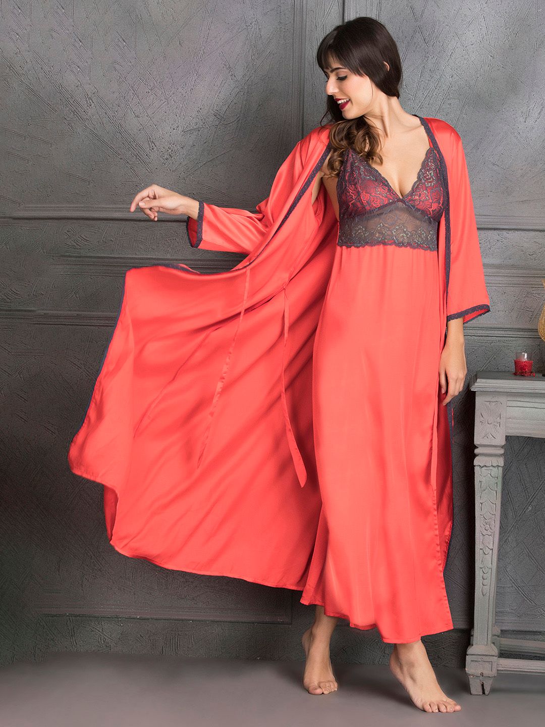 Clovia Women Coral Solid Maxi Nightdress With Robe