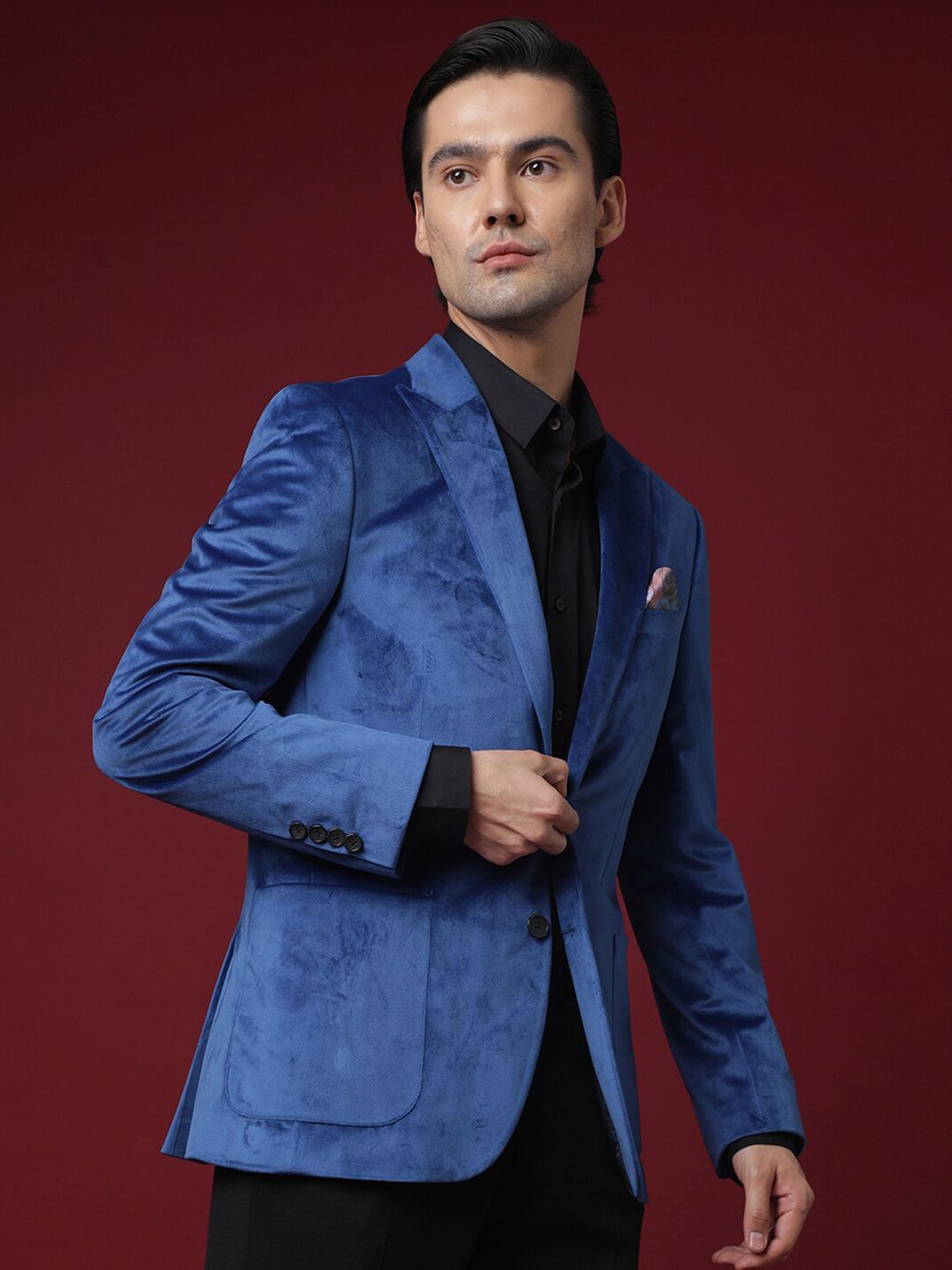 RARE RABBIT RARE RABBIT Men Blue Lapel Neck Tailored Fit Full Sleeve Plain Blazer