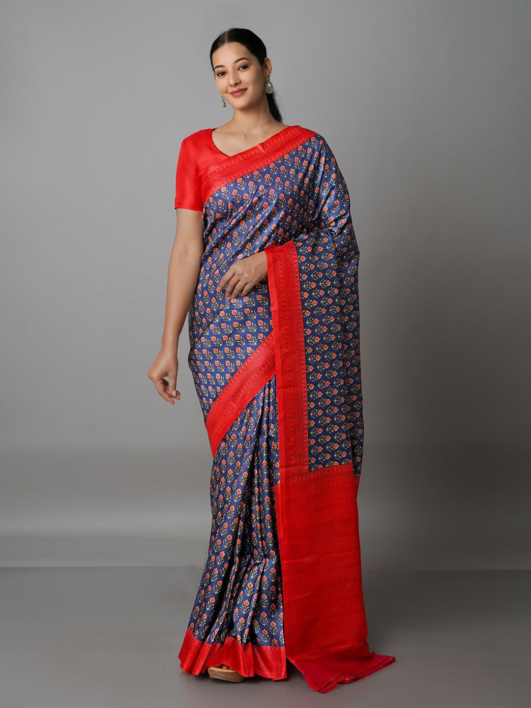 Unnati Silks Navy Blue & Red Ethnic Motifs Pure Mysore Silk Handloom Saree Price in India