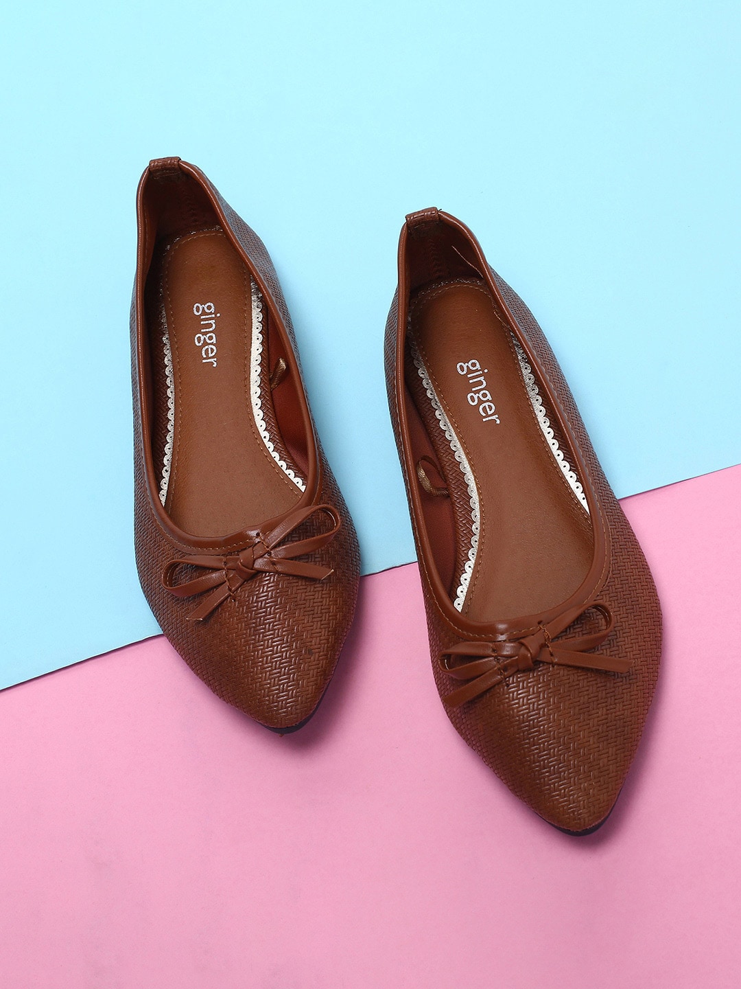 Ginger by Lifestyle Women Brown Textured Ballerinas with Bows Flats Price in India