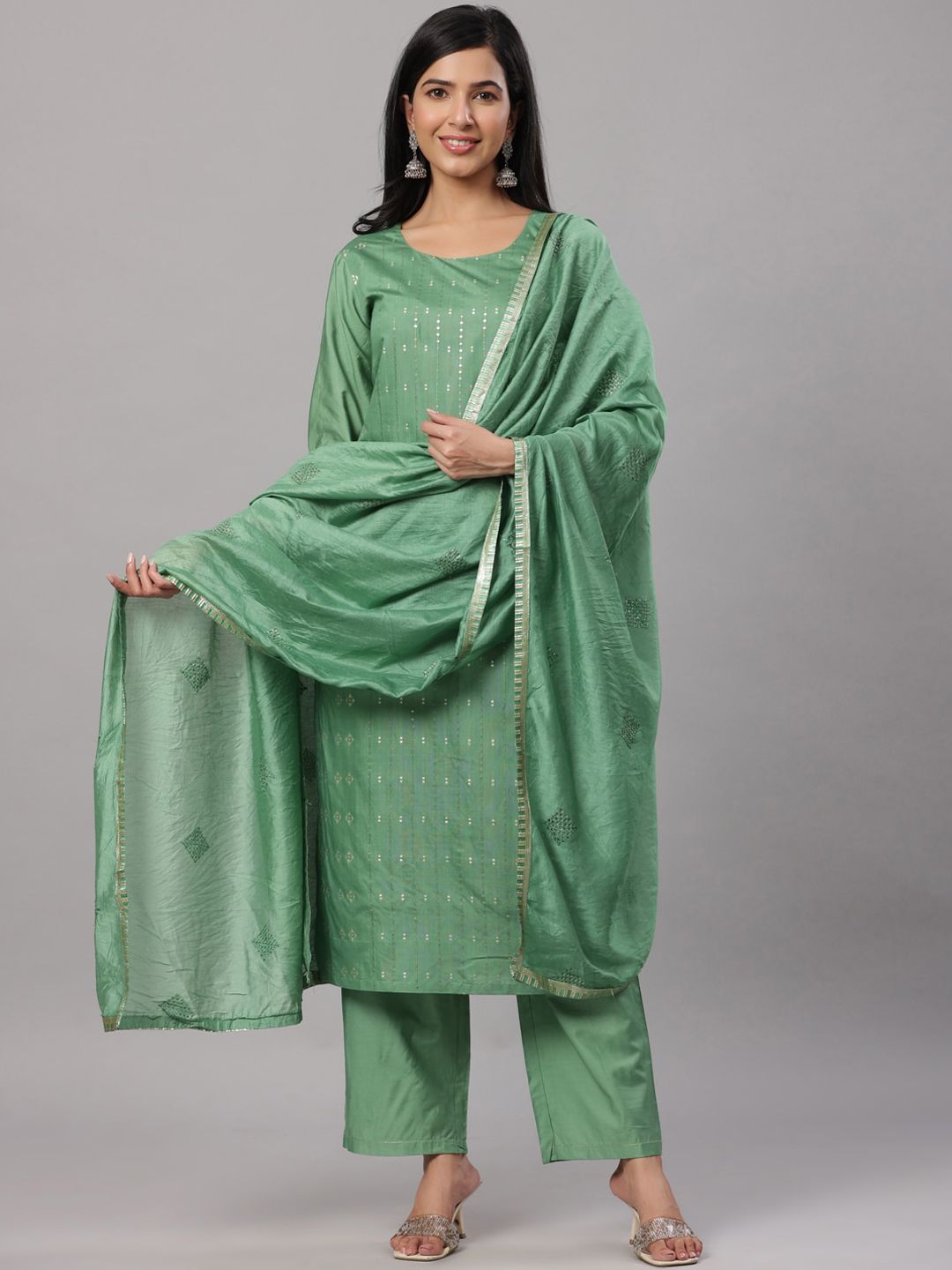 Do Dhaage Women Green Sequinned Kurta with Trousers & With Dupatta Price in India