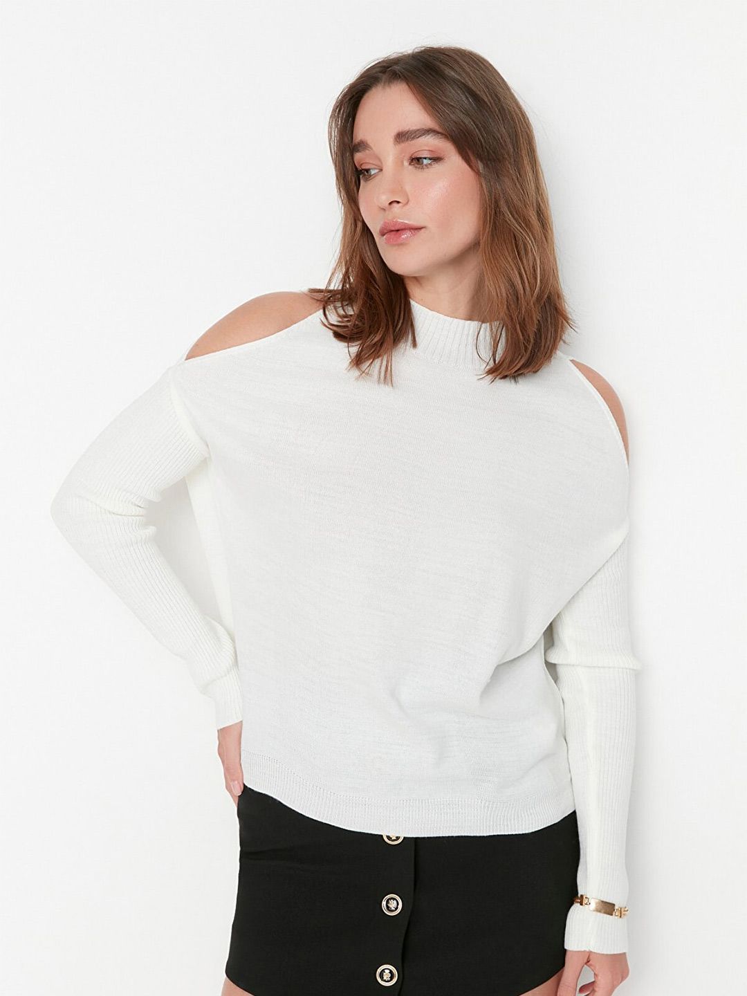 Trendyol Women Off White Cold-Shoulder Acrylic Top Price in India