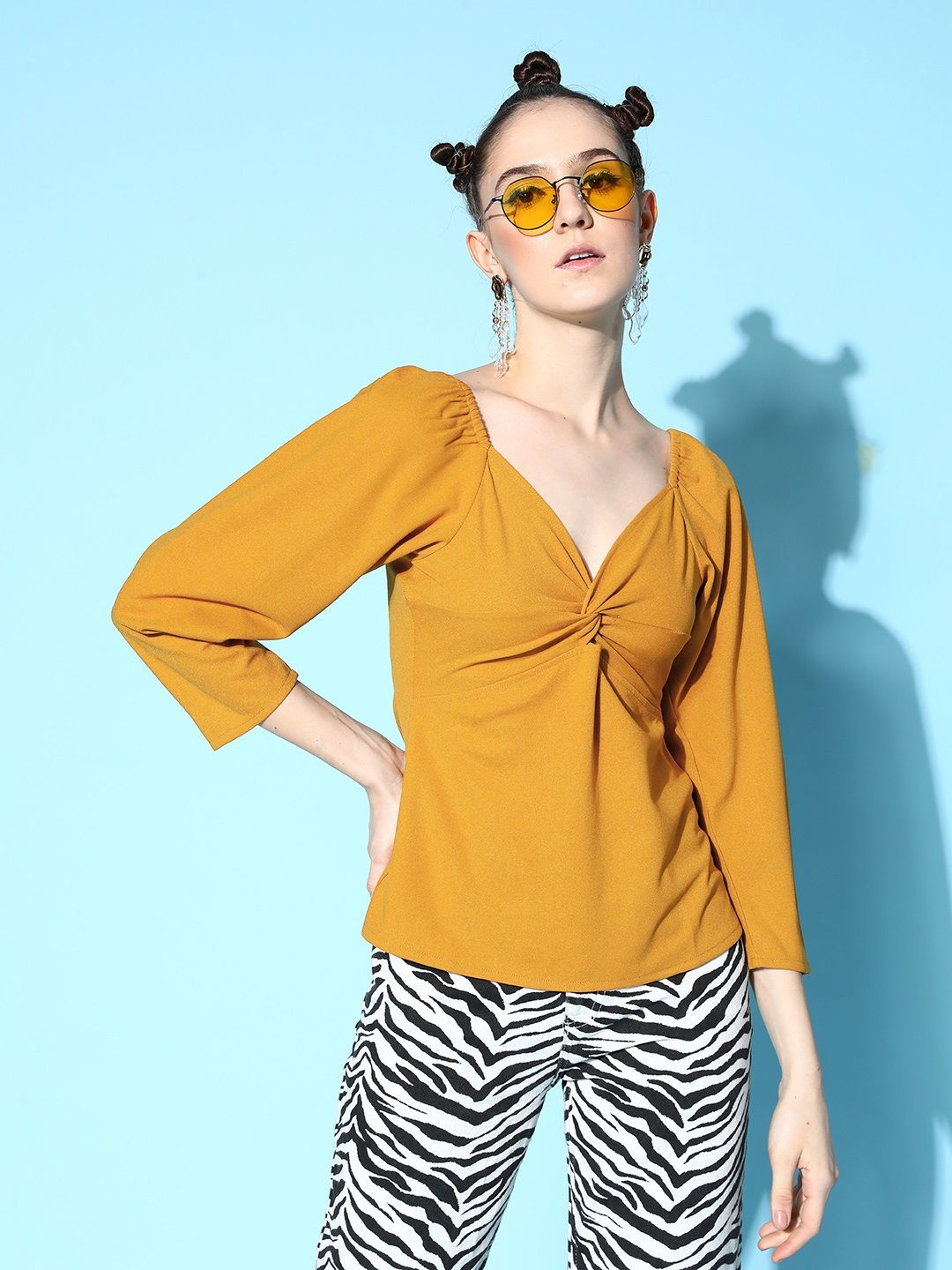 SASSAFRAS Mustard Yellow Solid Knot Detail Top Price in India