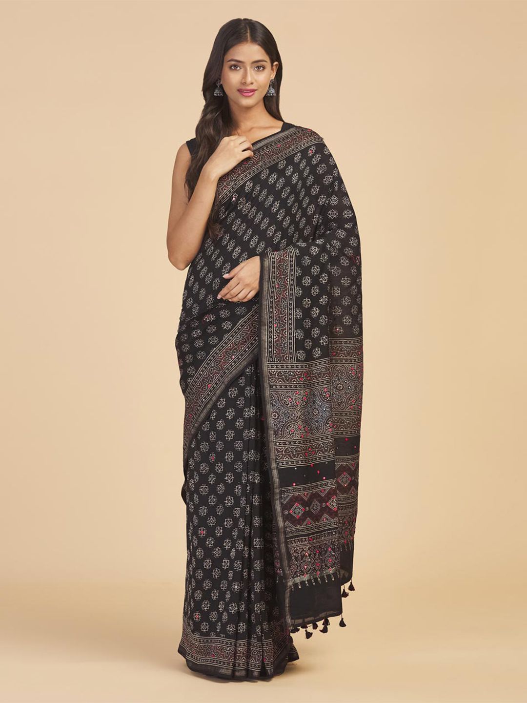 Fabindia Black & Off White Ethnic Motifs Silk Cotton Ready to Wear Saree Price in India