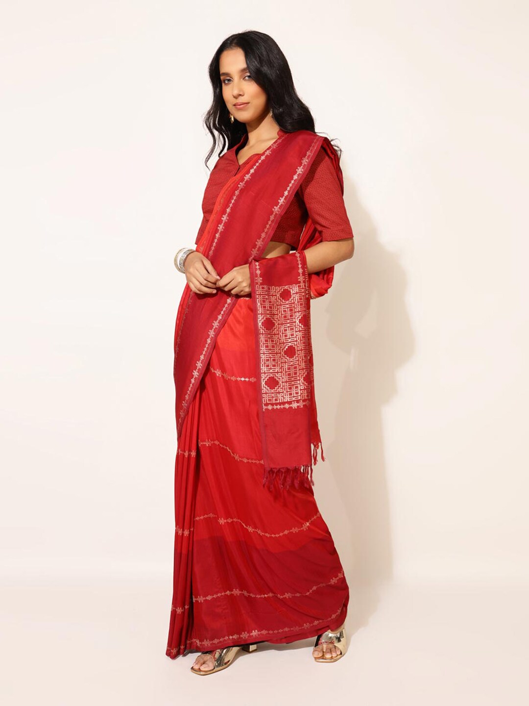 Fabindia Red & Gold-Toned Ethnic Motifs Silk Blend Ready to Wear Saree Price in India