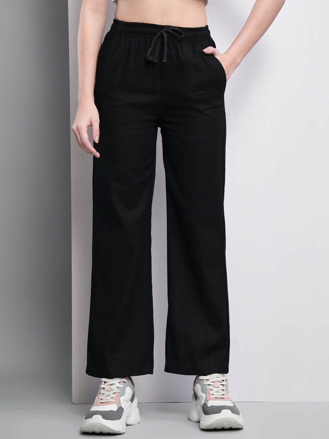 Q-rious Women Black Relaxed Pure Cotton Flared Trousers Price in India