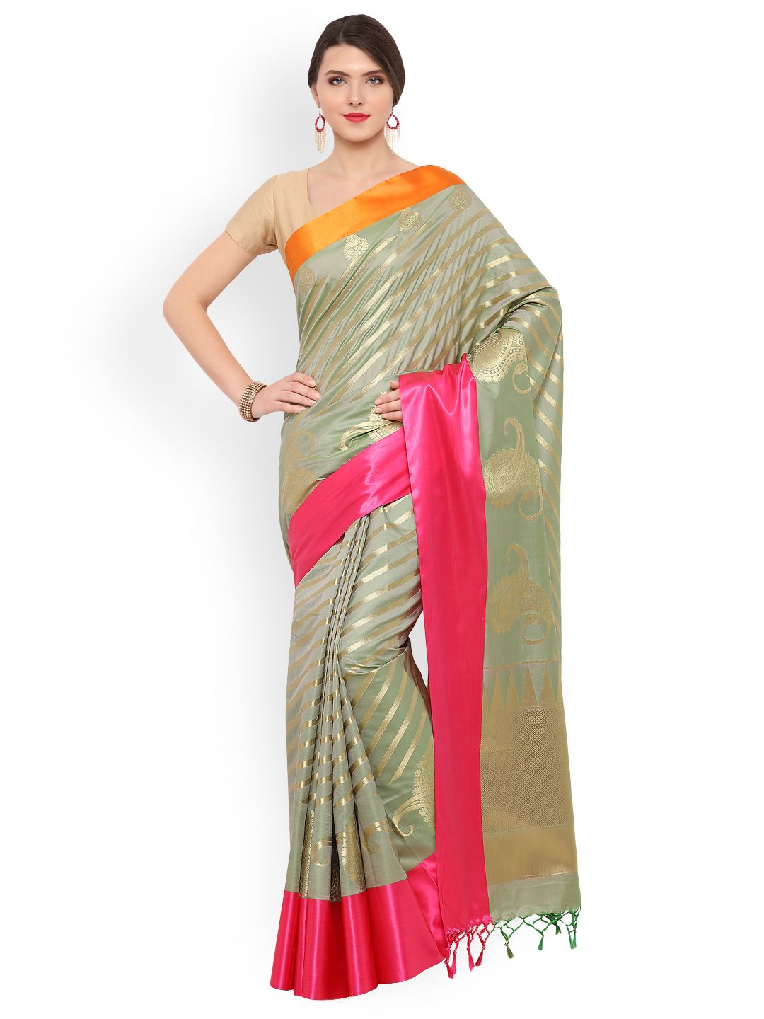 Varkala Silk Sarees Green & Pink Silk Blend Striped Kanjeevaram Saree Price in India