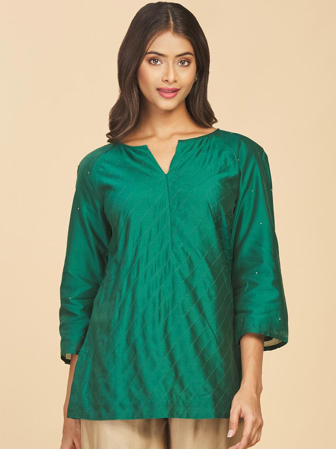 Fabindia Women Green V-Neck Solid Kurti Price in India