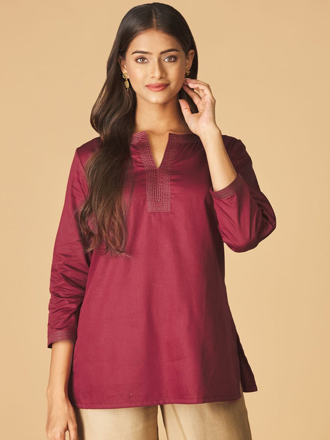 Fabindia Women Red Solid Cotton Kurti Price in India Full
