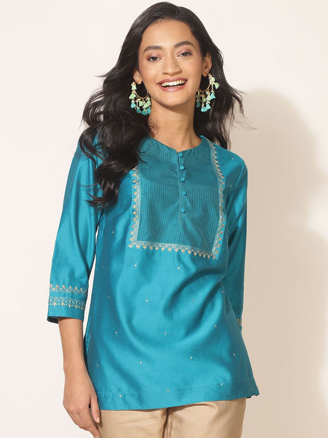 Fabindia Turquoise Women Blue Embroidered Thread Work Kurti Price in India