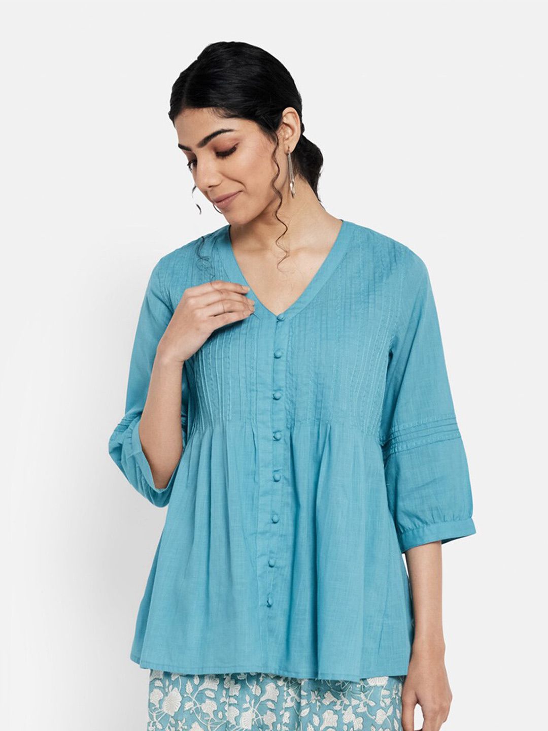 Fabindia Blue Solid Cotton A-Line Top Price in India