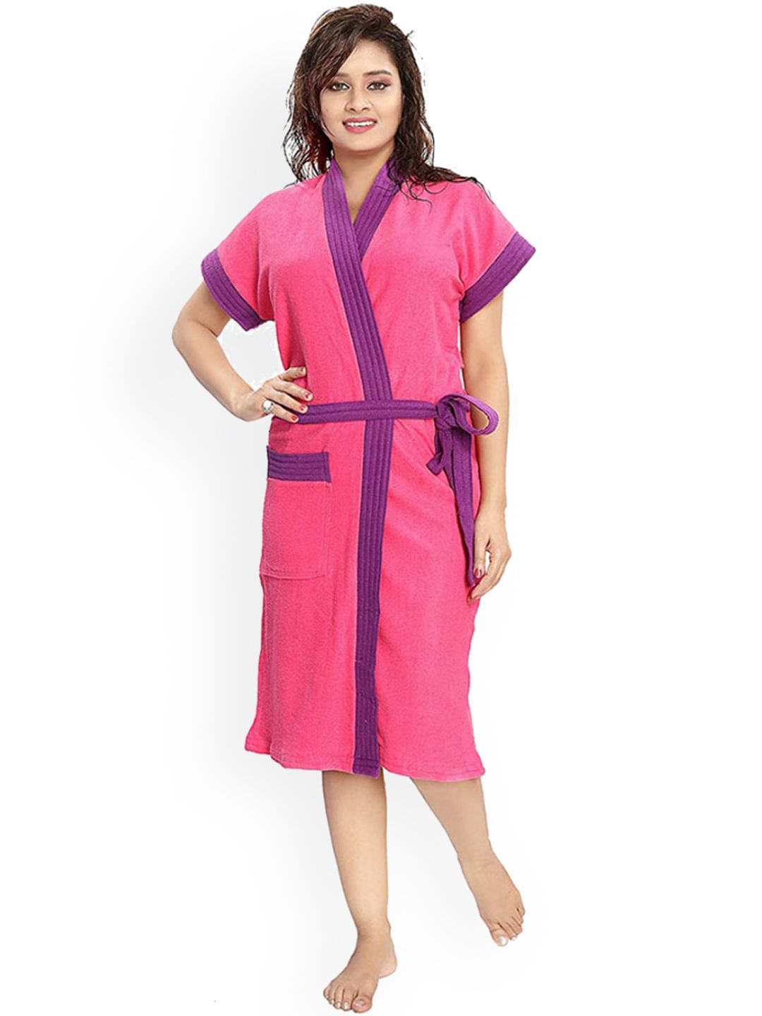 POORAK Women Pink Solid Terry Cotton Bath Robe