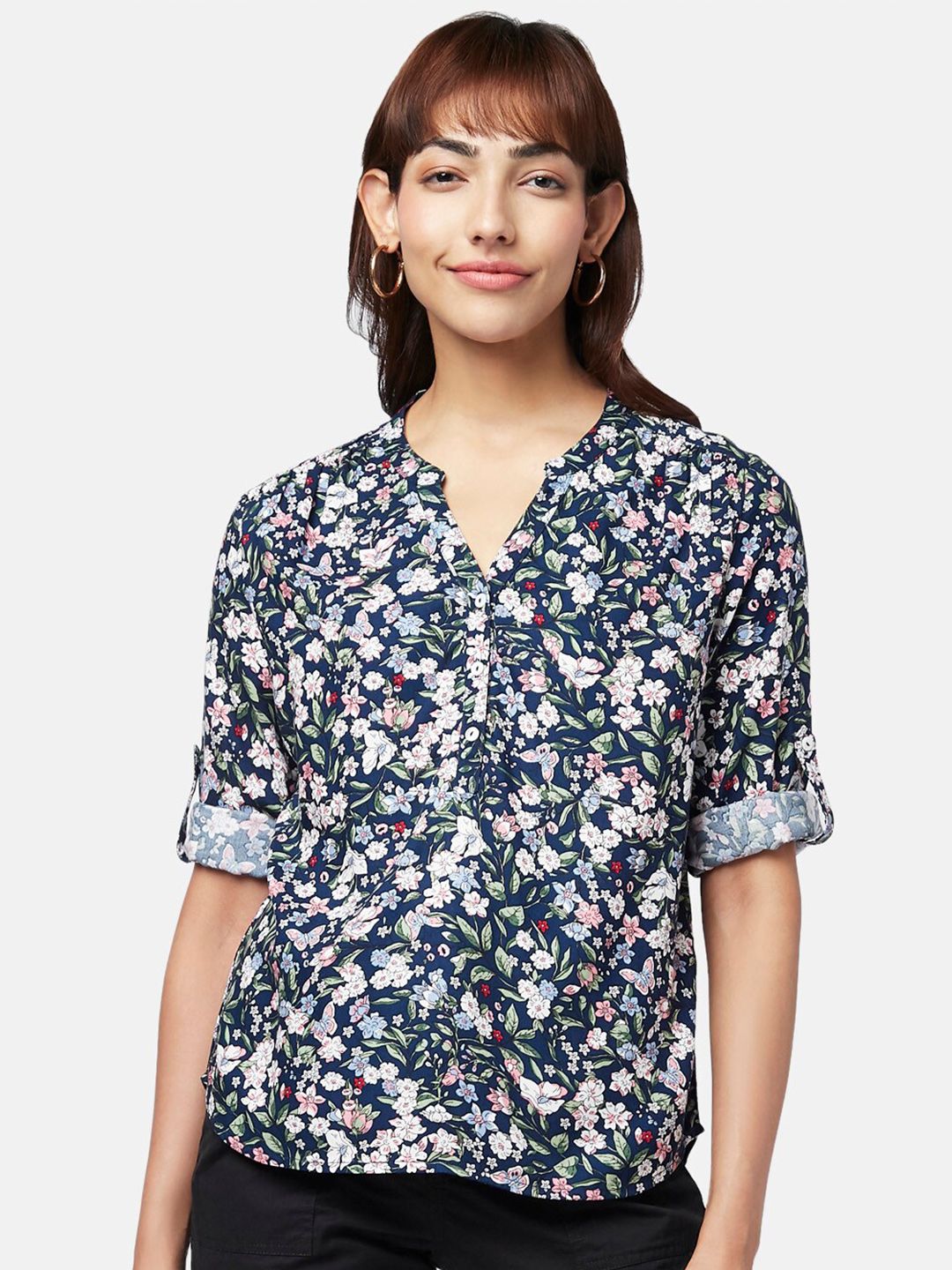 Honey by Pantaloons Navy Blue & White Floral Print Mandarin Collar Roll-Up Sleeves Top Price in India