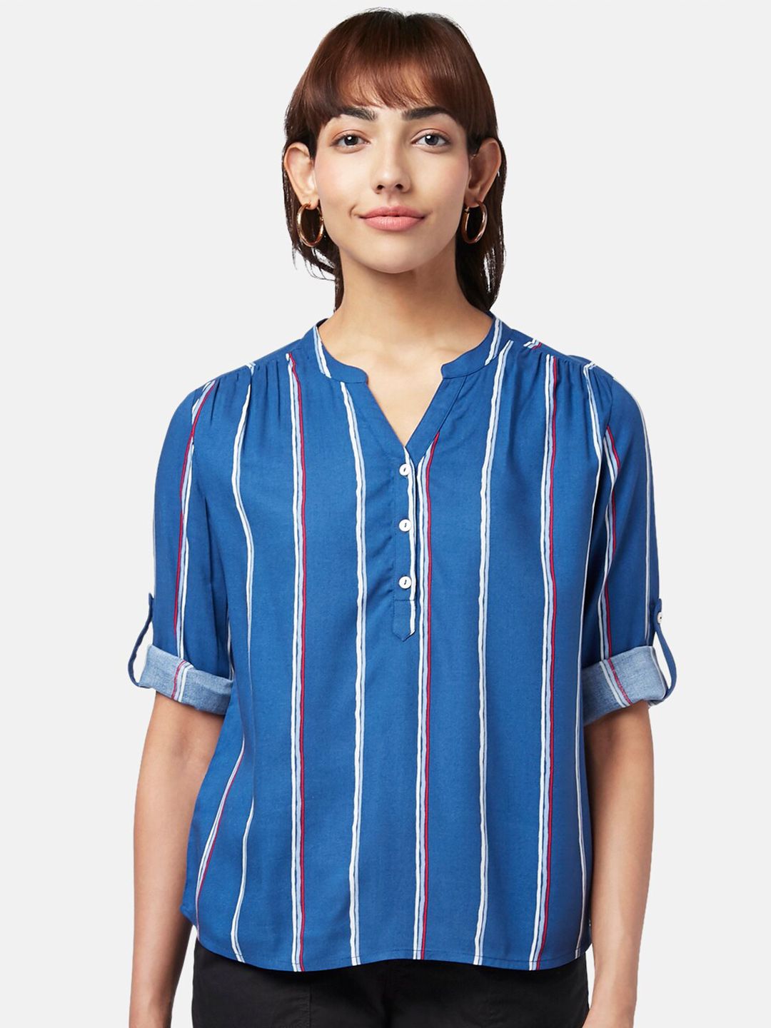 Honey by Pantaloons Blue Striped Mandarin Collar Roll-Up Sleeves Shirt Style Top Price in India