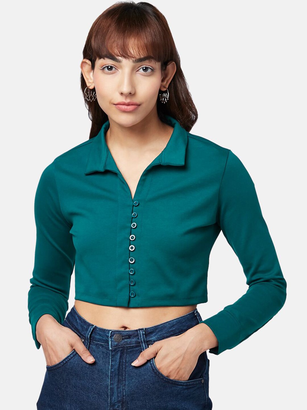 People Green Shirt Style Crop Top Price in India