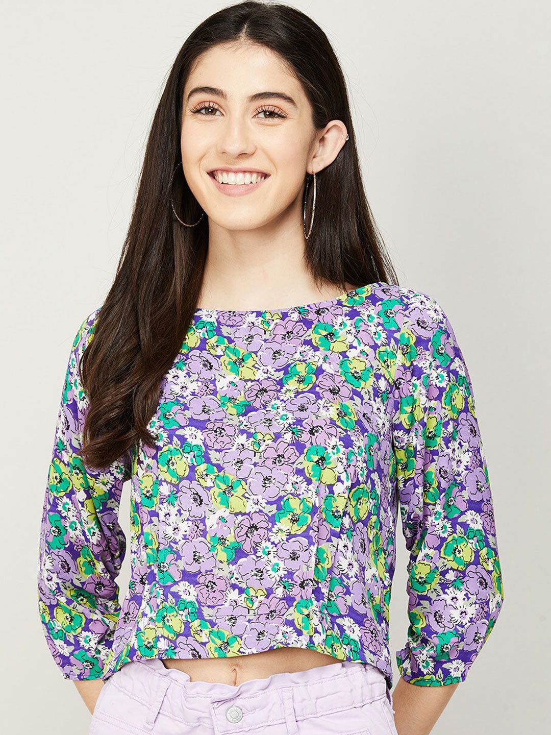Ginger by Lifestyle Lavender & Green Floral Printed Crop Top Price in India