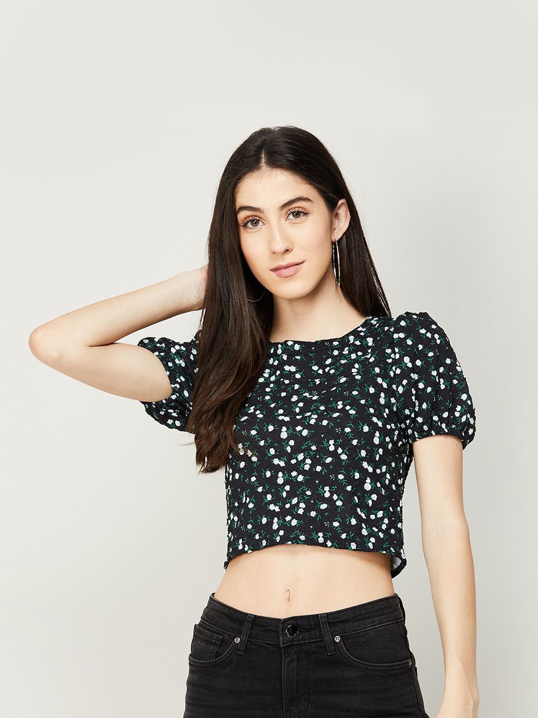 Ginger by Lifestyle Black & Green Floral Printed Crop Top Price in India