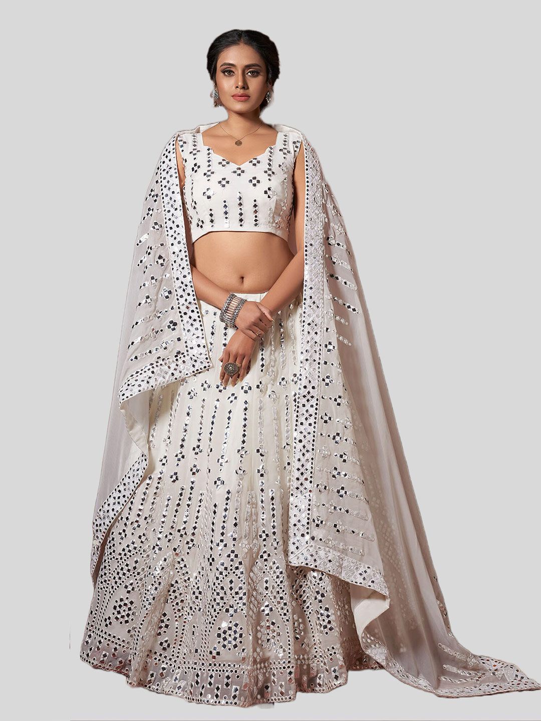 DRESSTIVE White Embroidered Mirror Work Semi-Stitched Lehenga & Unstitched Blouse With Dupatta Price in India