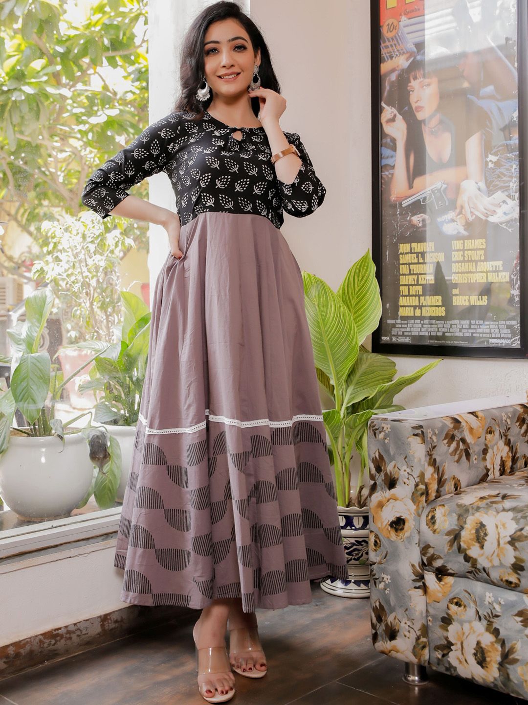 Indi INSIDE Mauve & Black Ethnic Motifs Printed Keyhole Neck Ethnic Maxi Dress Price in India