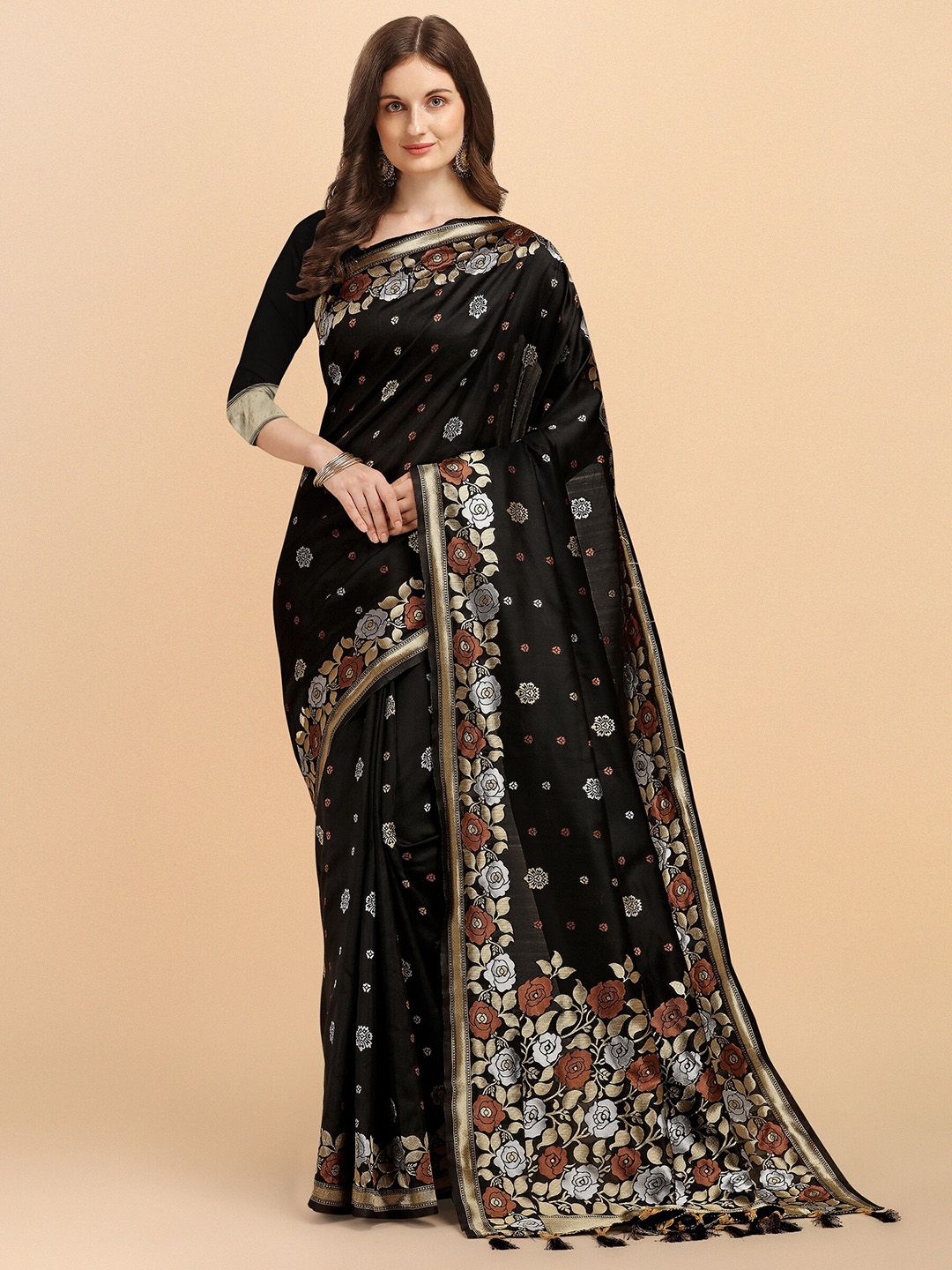 Fashion Booms Black & Gold-Toned Woven Design Zari Pure Silk Saree Price in India