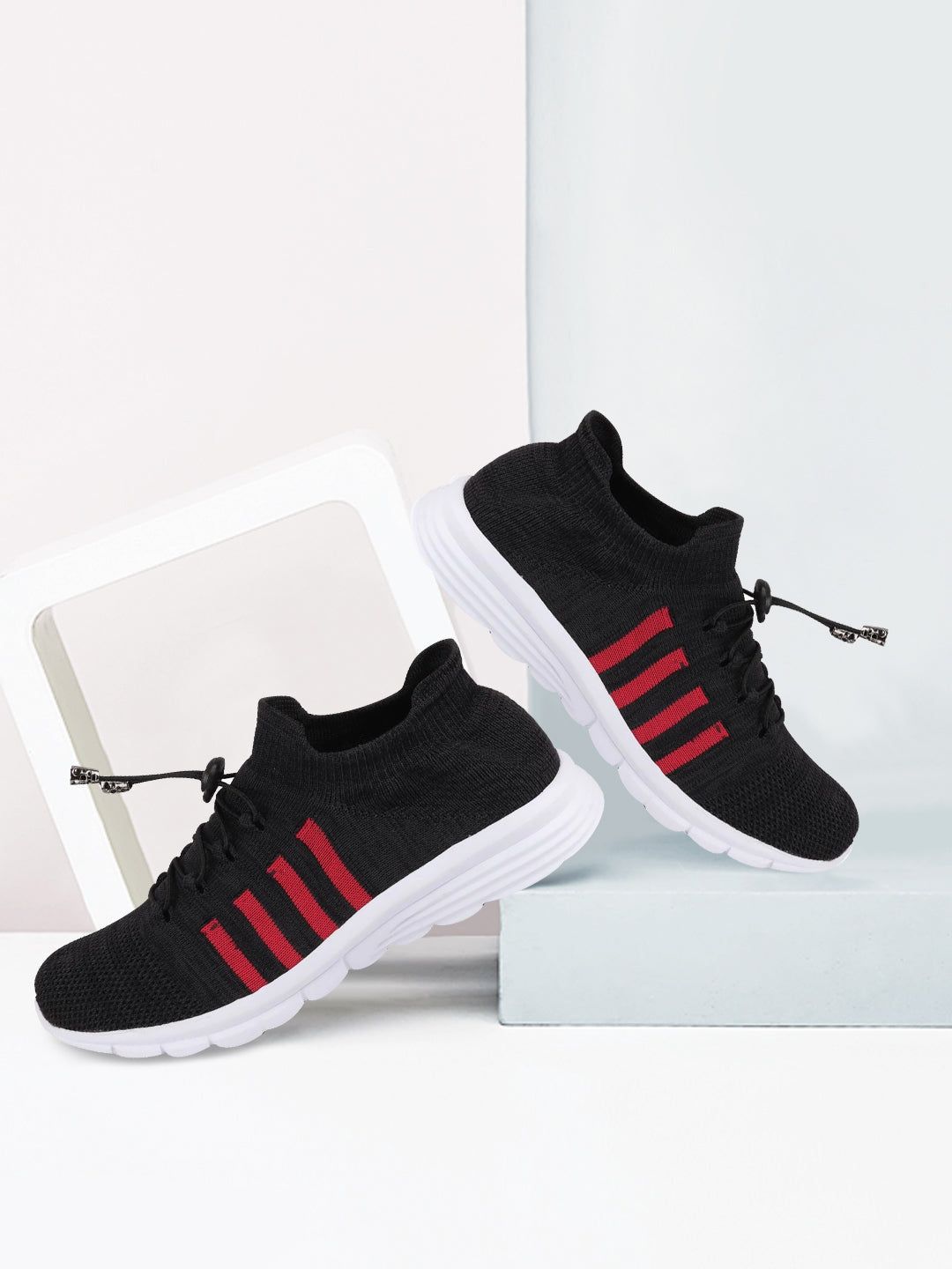 FAUSTO Men Black Mesh Running Non-Marking Lace-Up Sports Shoes
