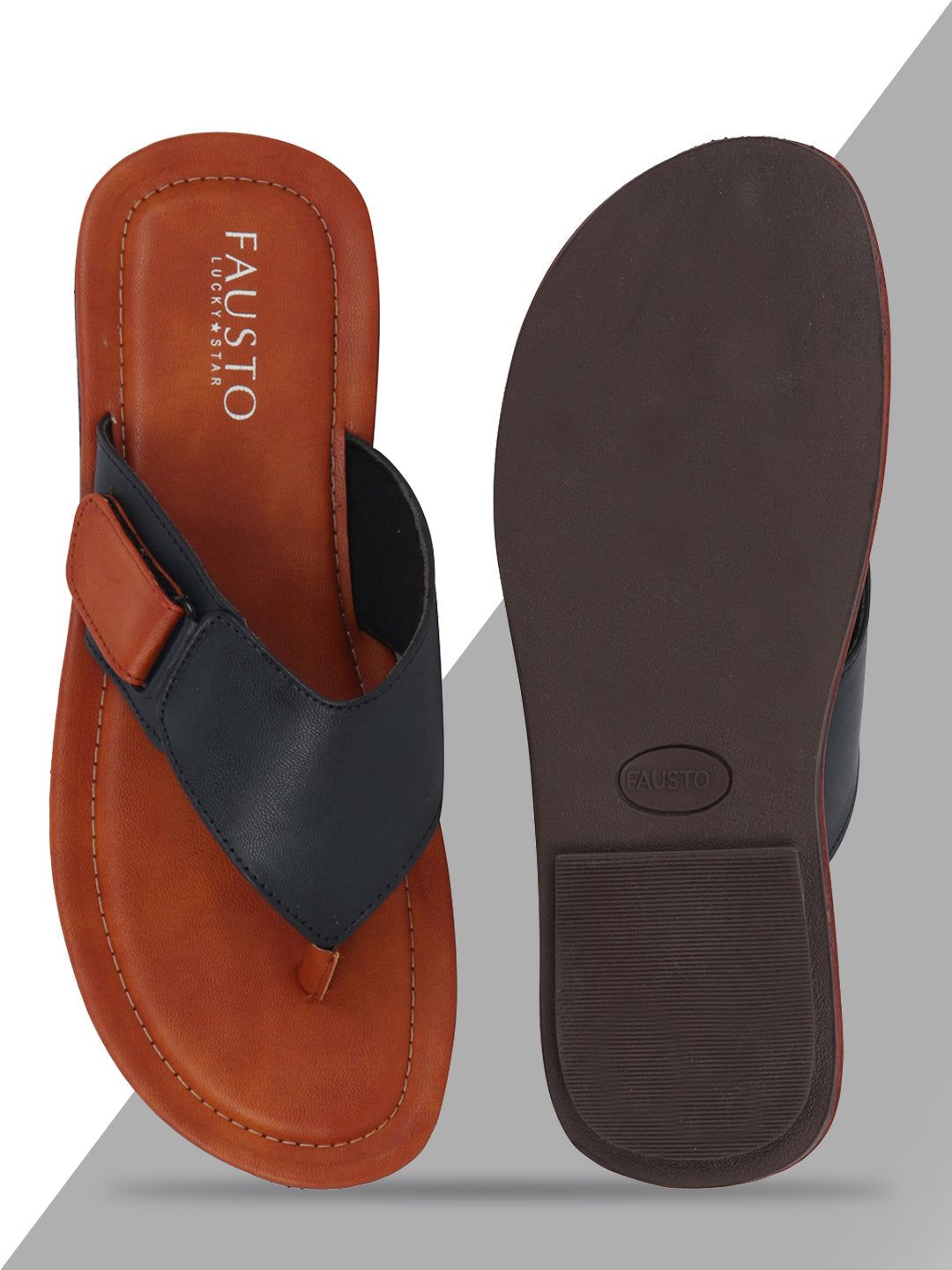 FAUSTO Men Navy Blue & Brown Thong Flip-Flops