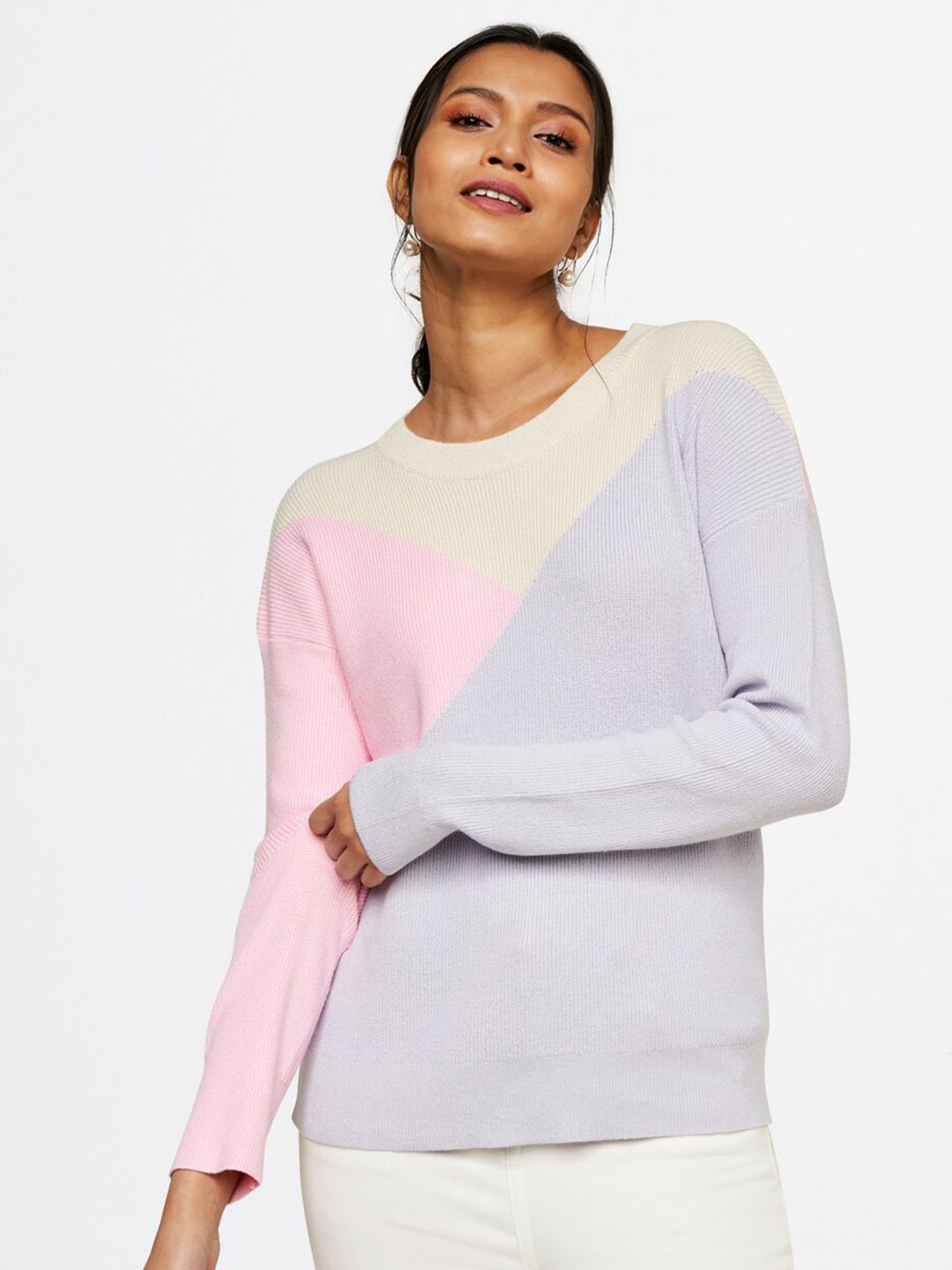 AND Women Grey & Pink Colourblocked Rayon Top Price in India