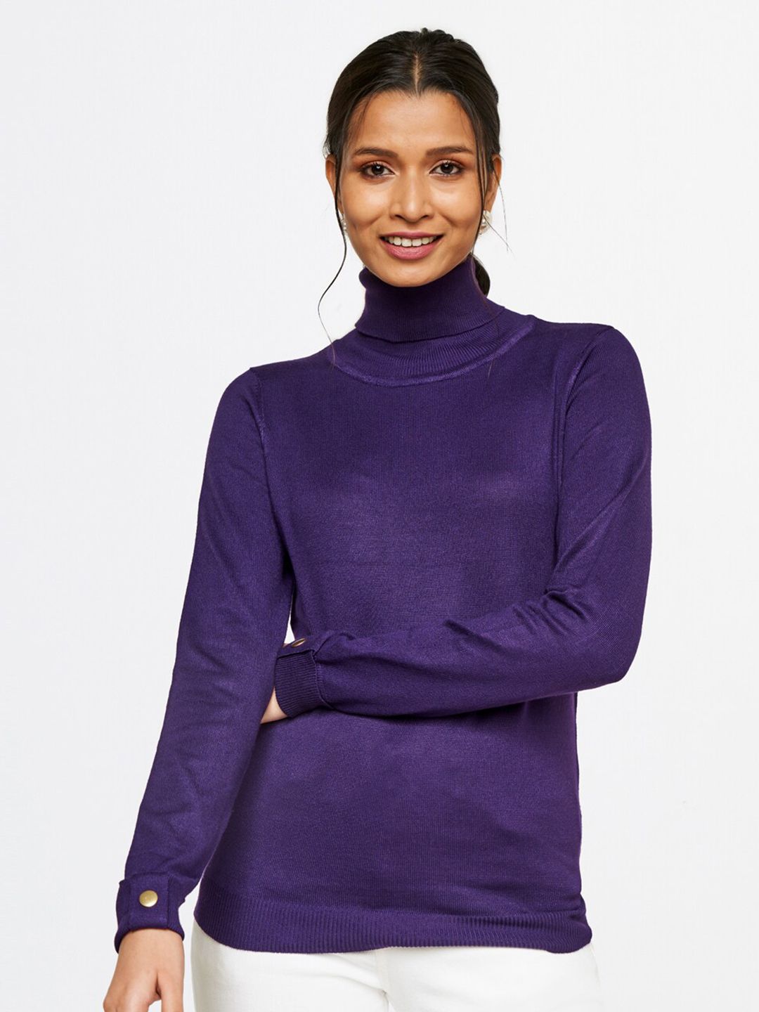 AND Women Purple Solid High Neck Top Price in India