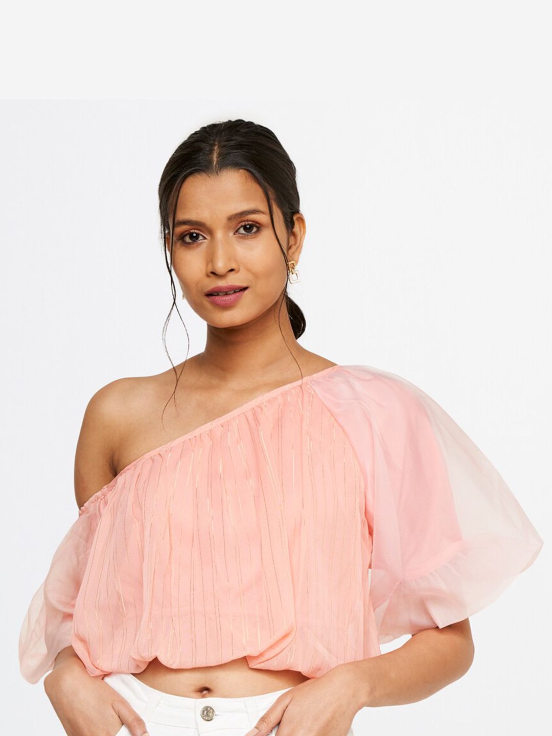 AND Women Peach-Coloured One-Shoulder Bardot Top Price in India