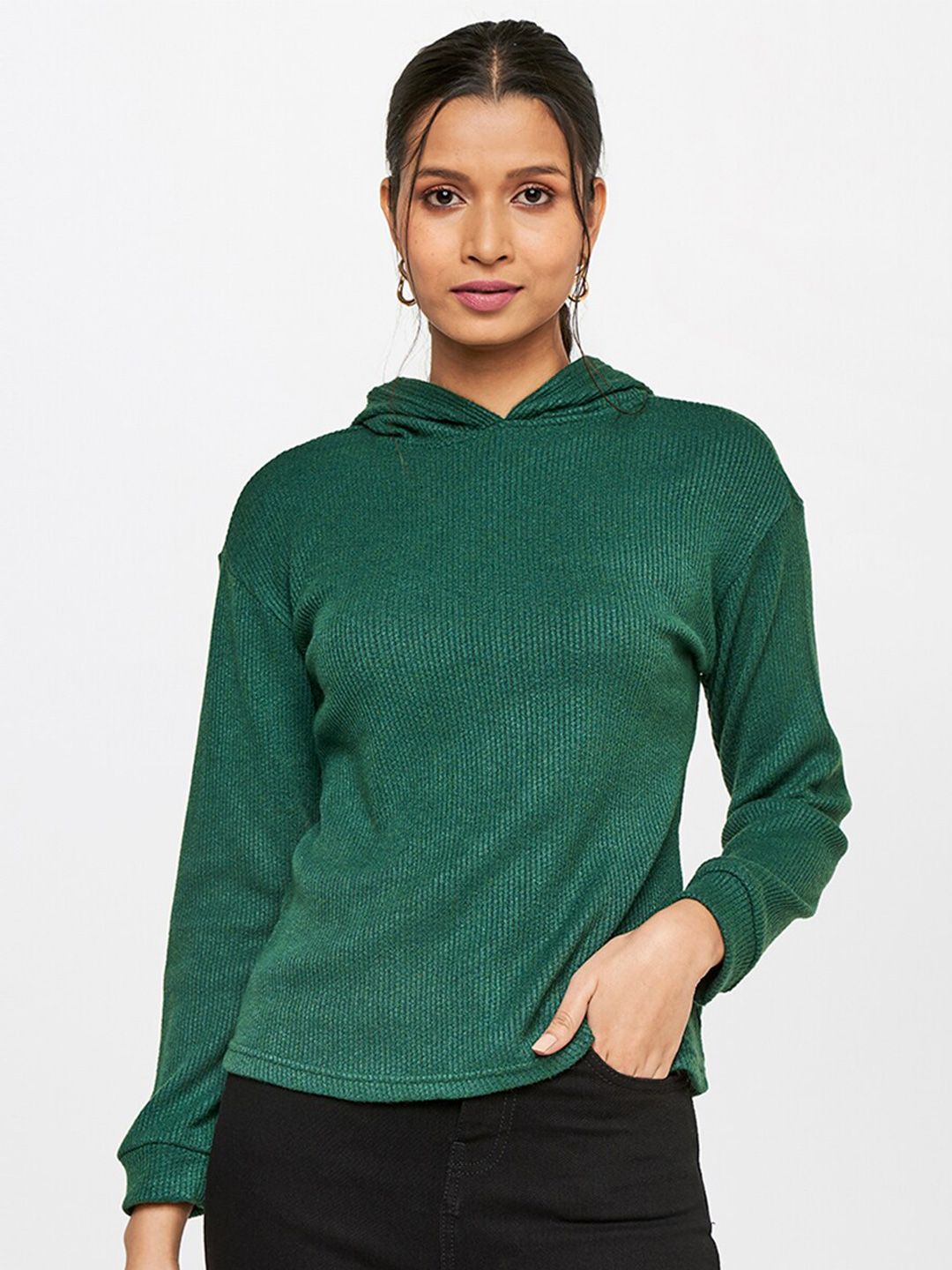 AND Women Green Solid Hooded Top Price in India