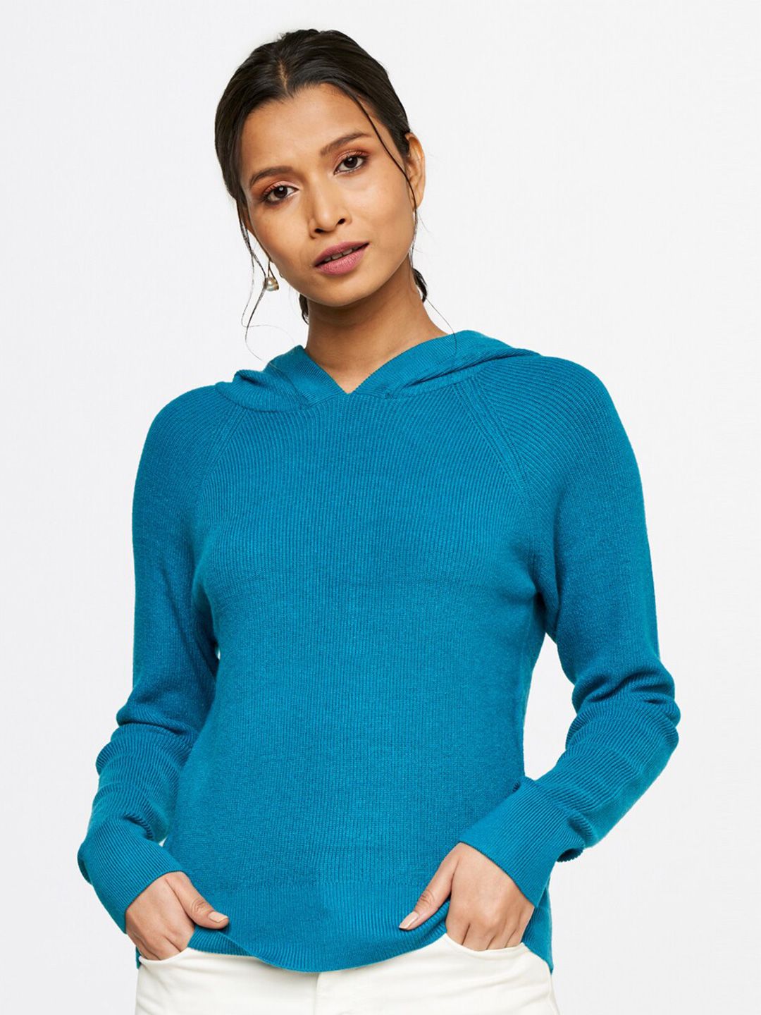 AND Women Blue Solid Hooded Top Price in India