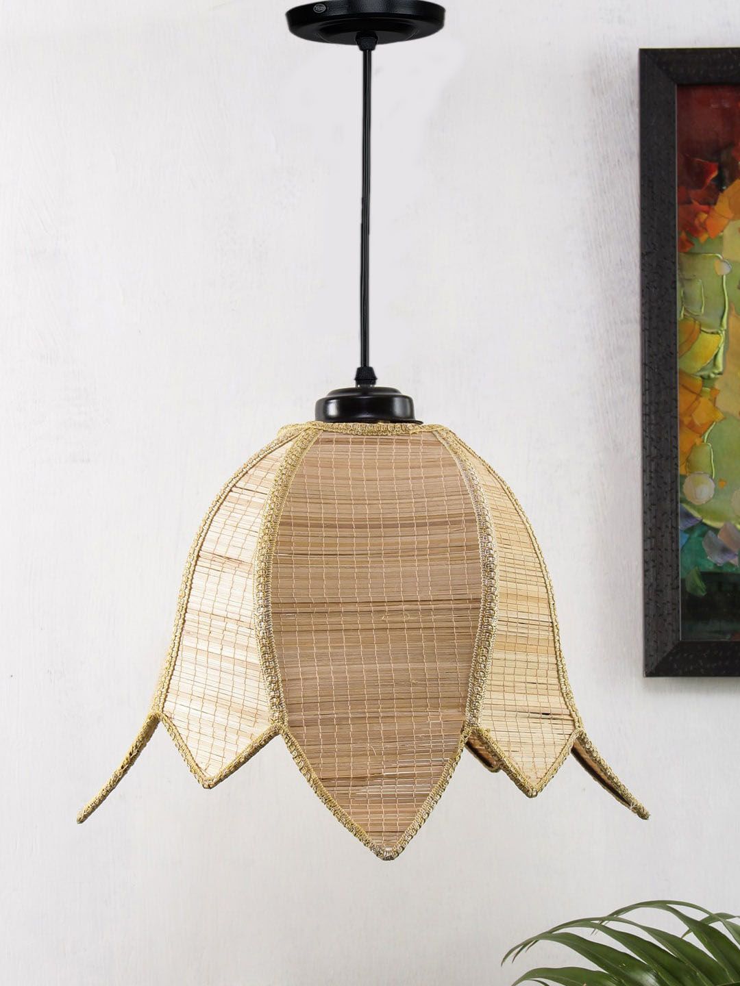Devansh Beige Solid Lotus Bamboo Ceiling Lamp