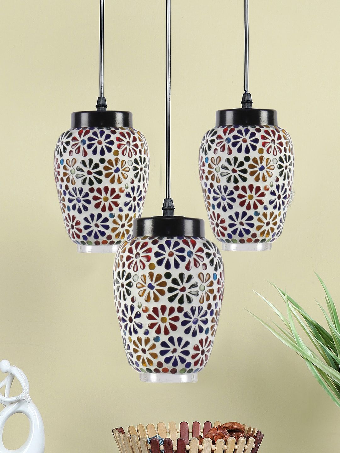 Devansh White & Red Mosaic Glass Hanging Lamp