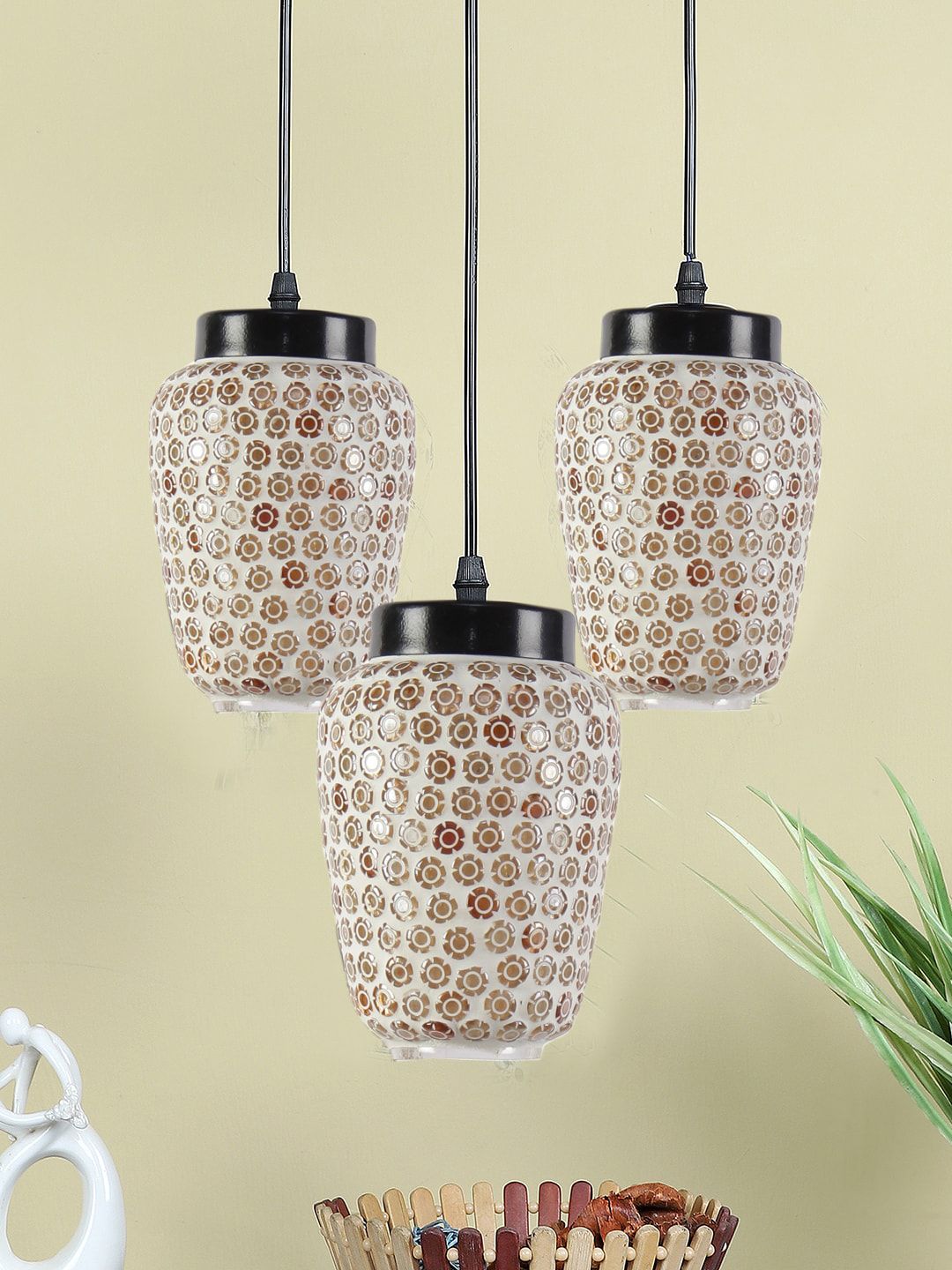 Devansh White & Brown Mosaic Glass Hanging Lamp