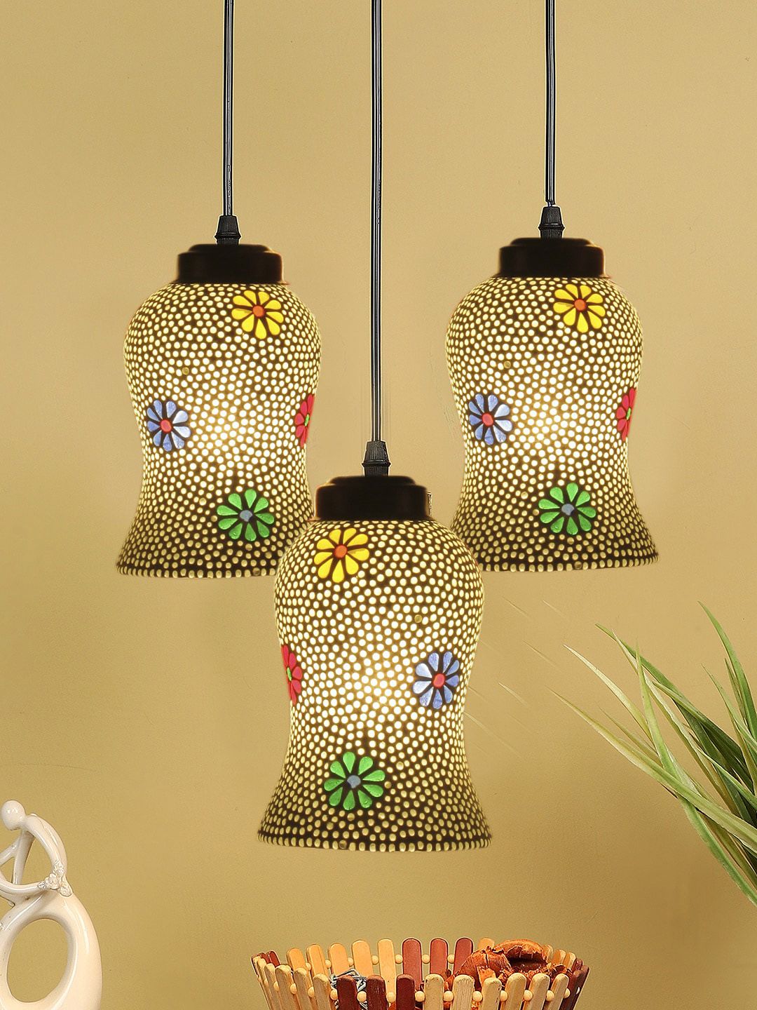 Devansh White & Red Mosaic Glass Hanging Lamp