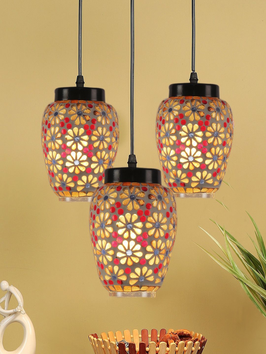 Devansh White & Red Mosaic Glass Hanging Lamp
