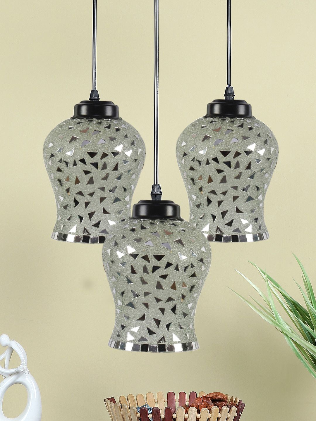 Devansh White & Silver-Toned Mosaic Glass Hanging Lamp