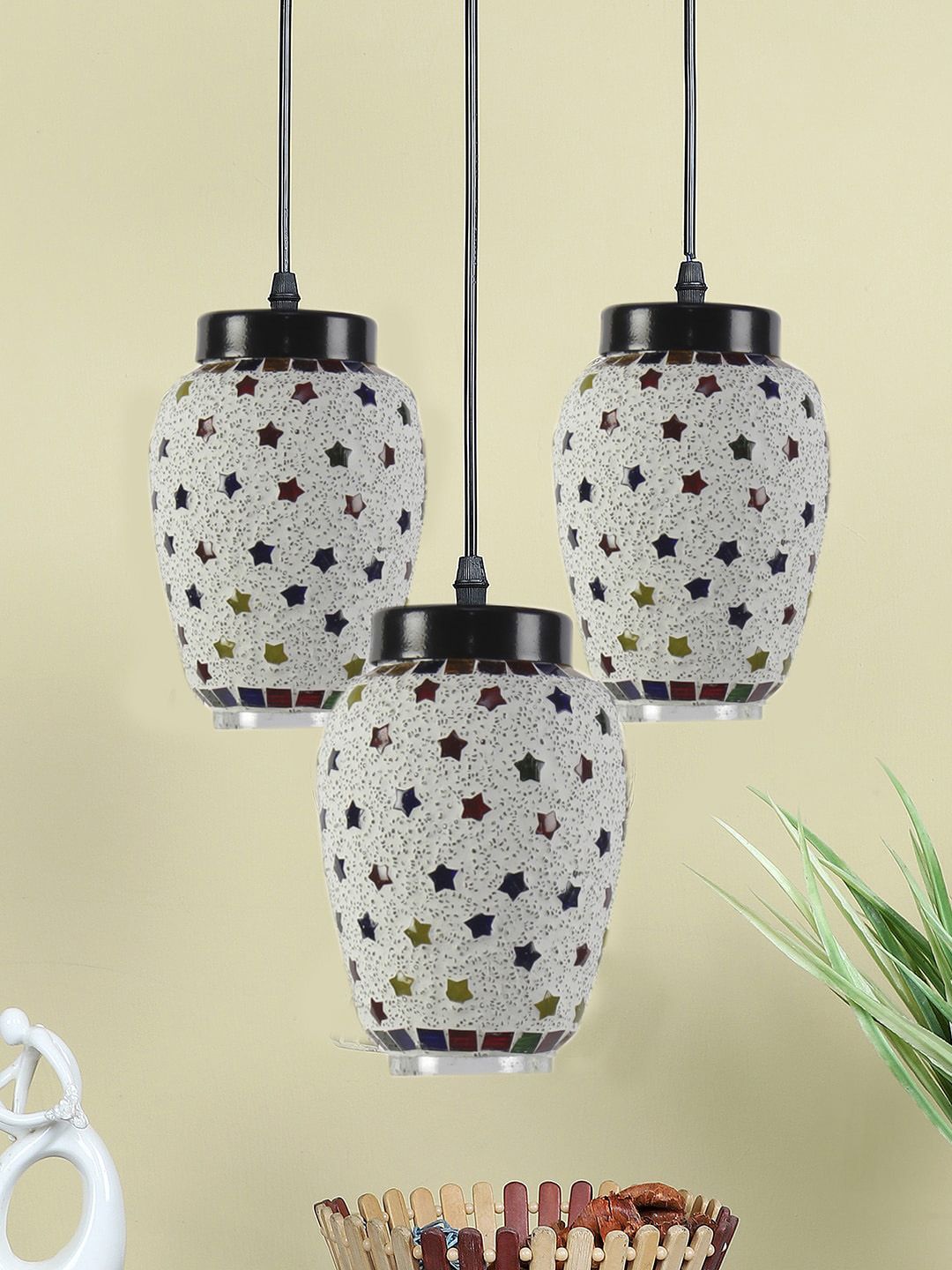 Devansh White & Blue Mosaic Glass Hanging Lamp