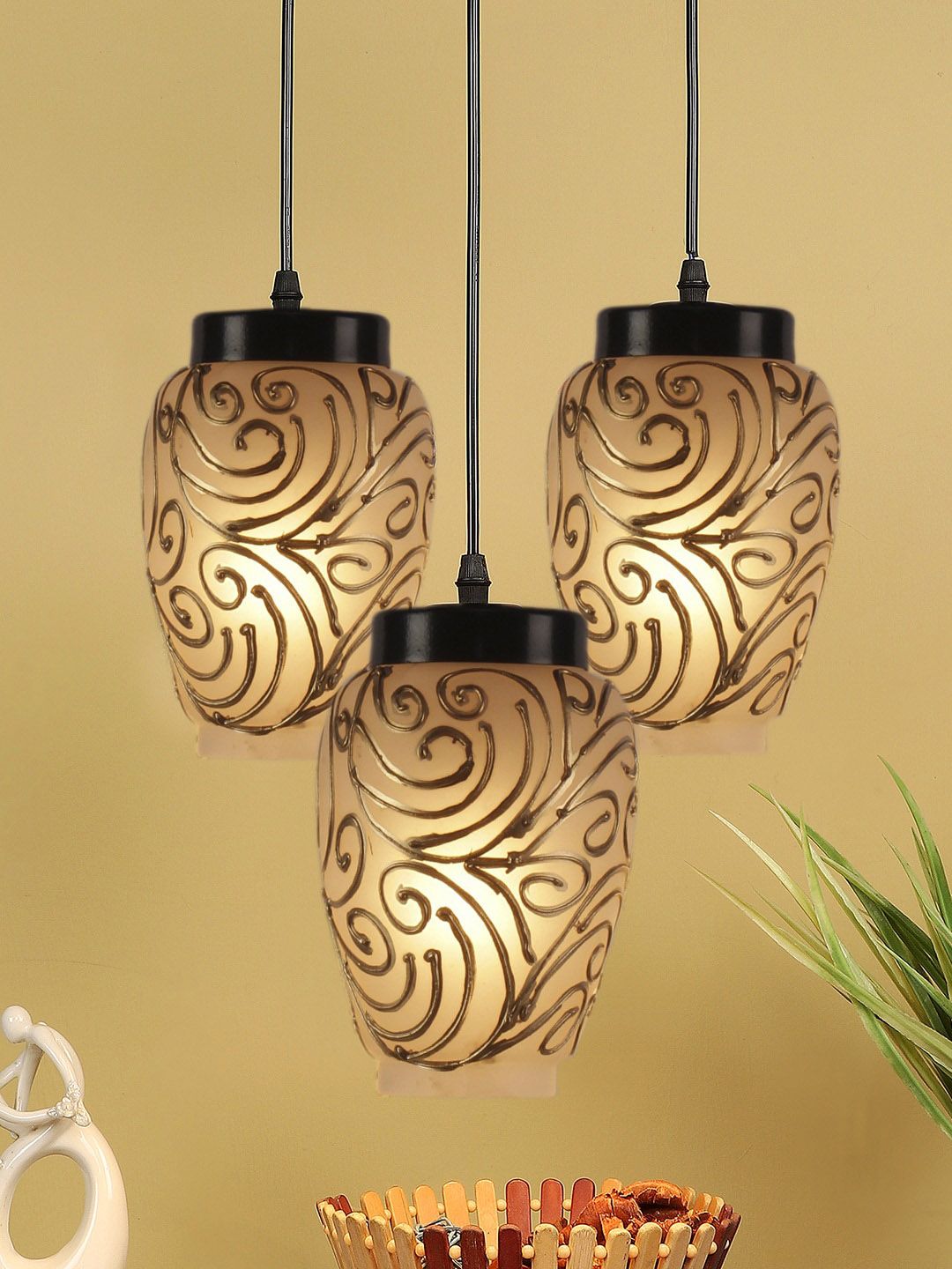 Devansh Grey & Gold-Toned Glass Hanging Lamp