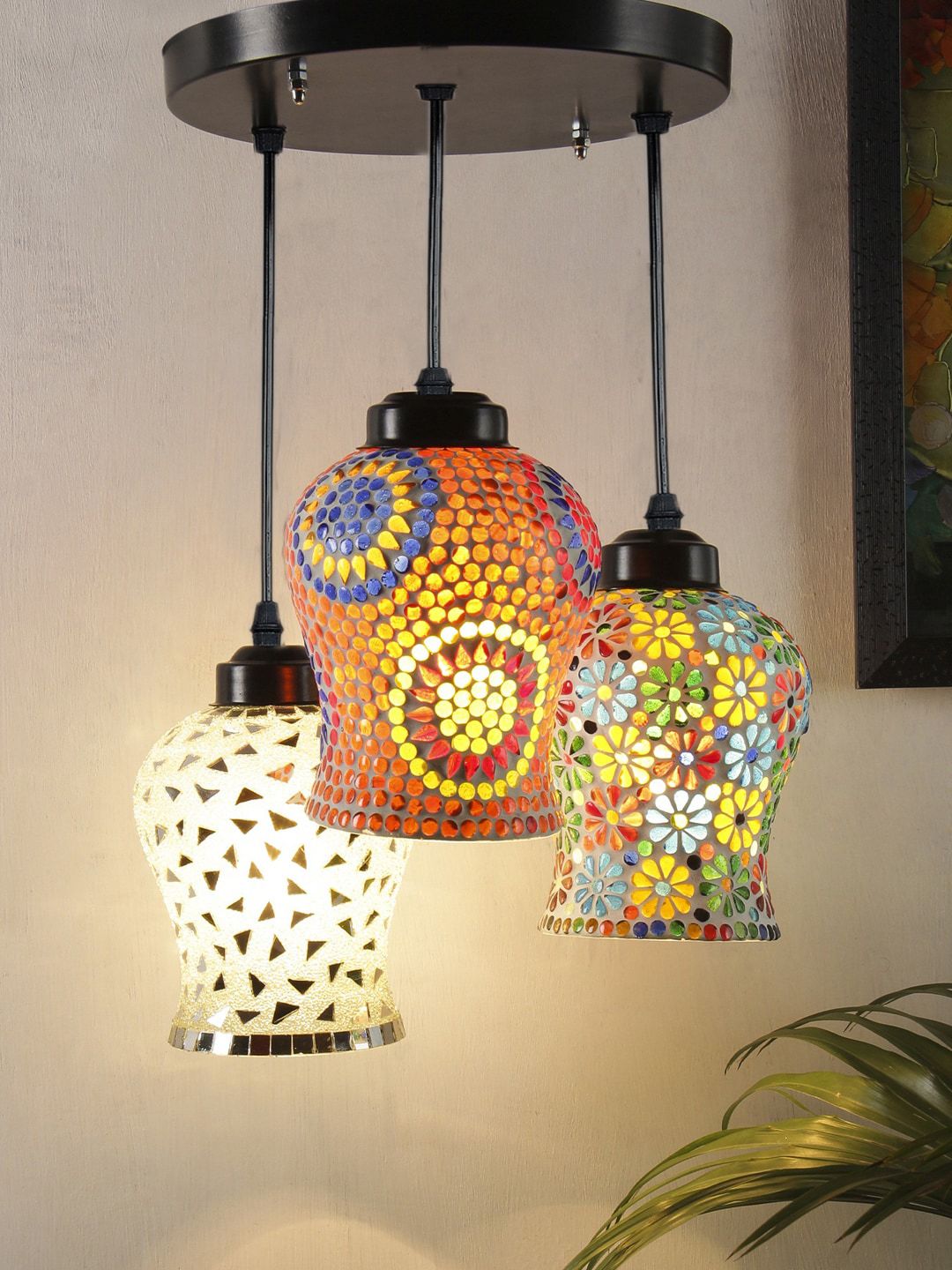 Devansh White & Red Mosaic Glass Hanging Lamp