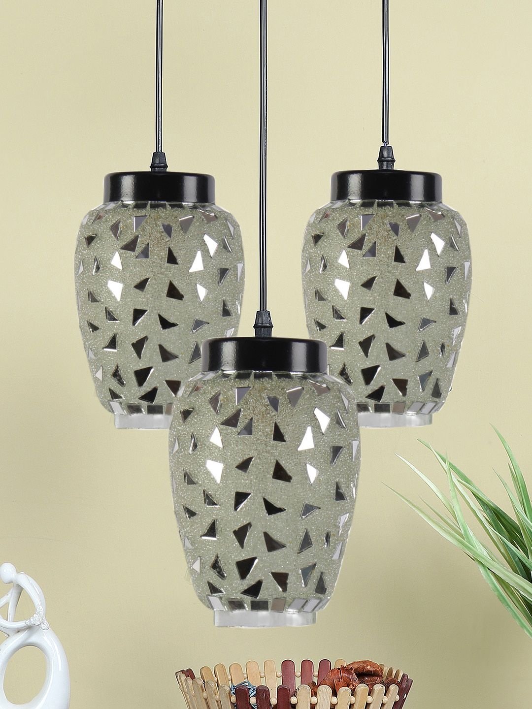Devansh White & Silver-Toned Mosaic Glass Hanging Lamp