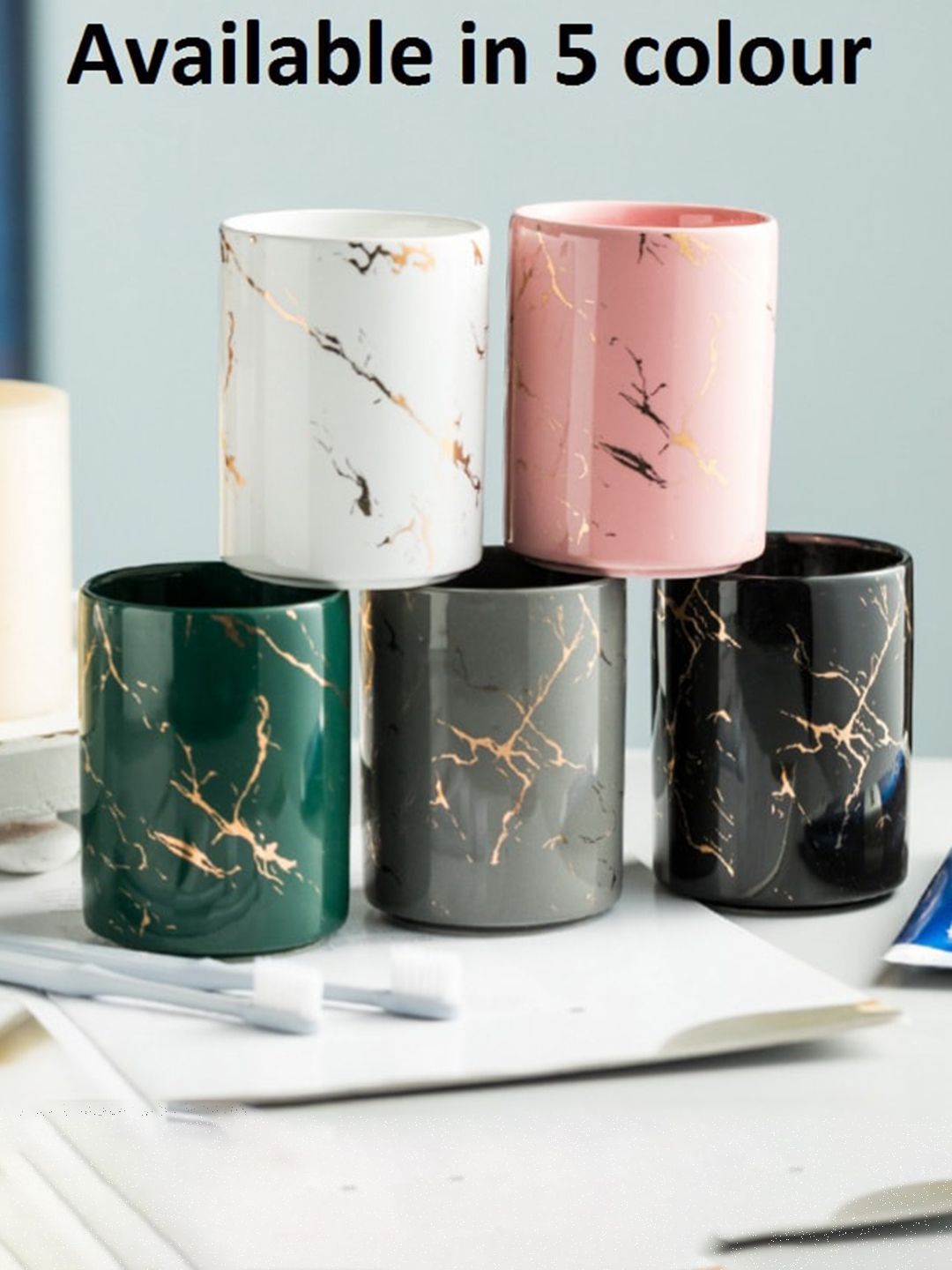 FabSeasons Grey & Gold-Toned Textured ToothBrush Holder