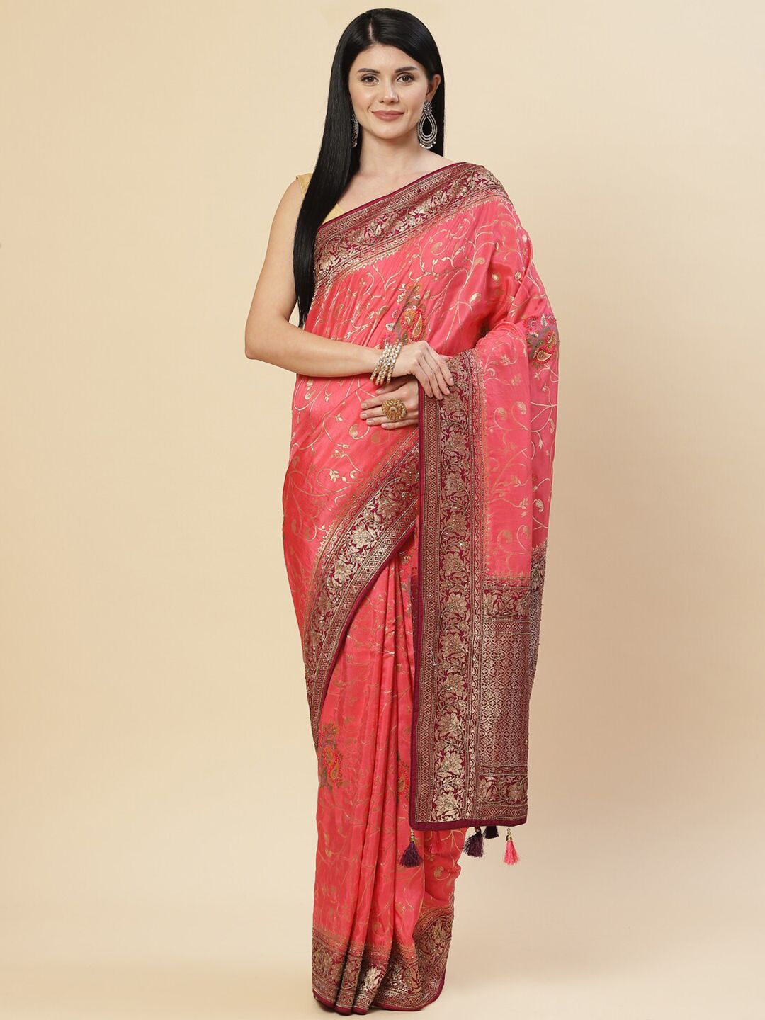 Meena Bazaar Pink & Maroon Woven Design Zari Art Silk Banarasi Saree Price in India