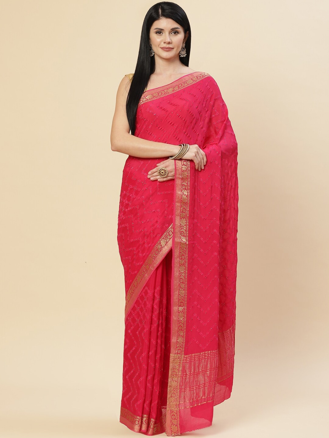 Meena Bazaar Pink & Gold-Toned Embellished Zari Saree Price in India