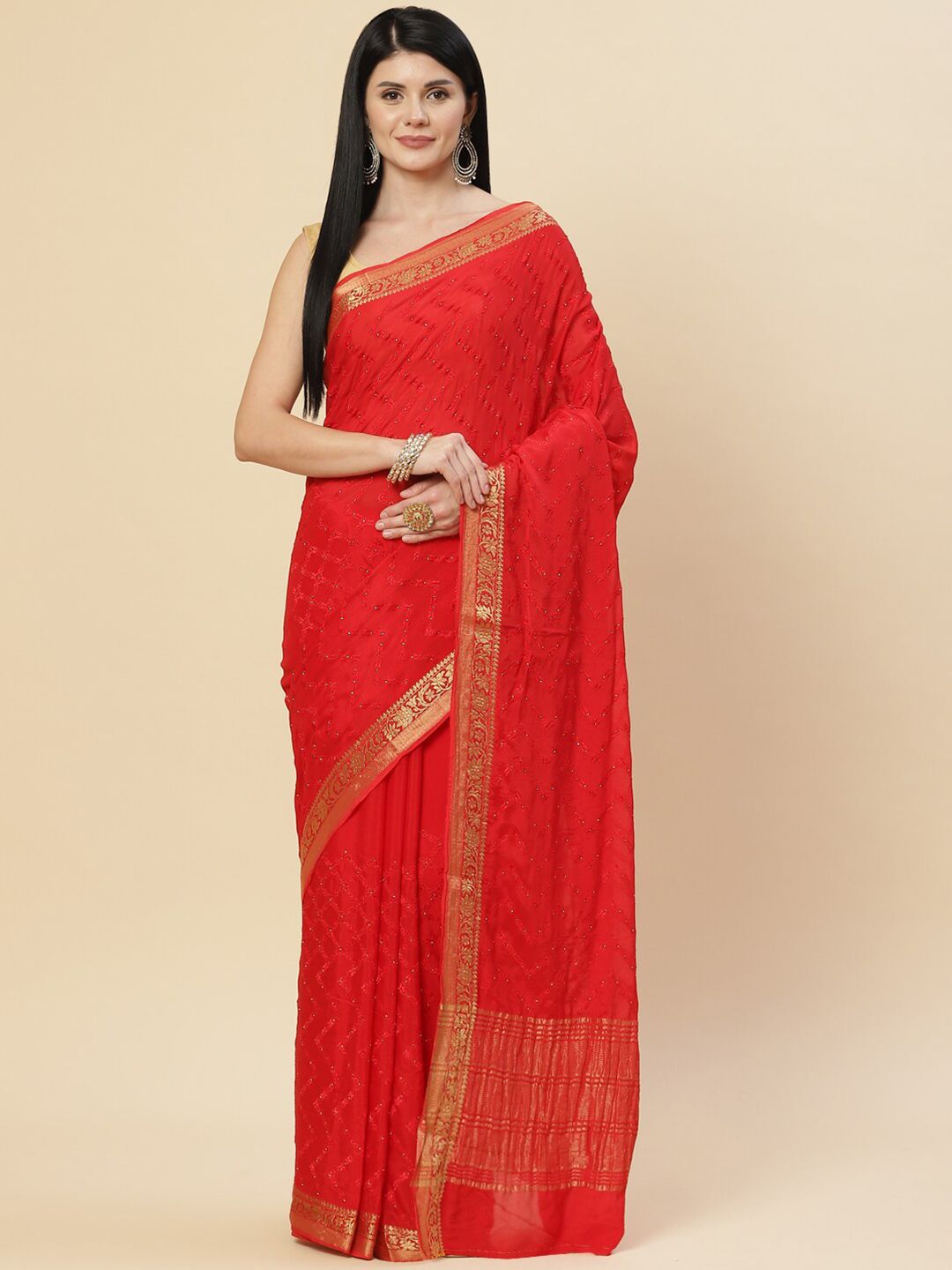 Meena Bazaar Red & Gold-Toned Floral Zari Saree Price in India