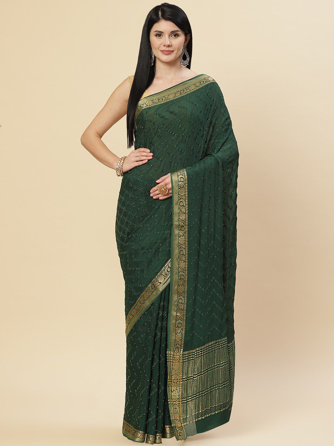 Meena Bazaar Green & Gold-Toned Floral Zari Saree Price in India