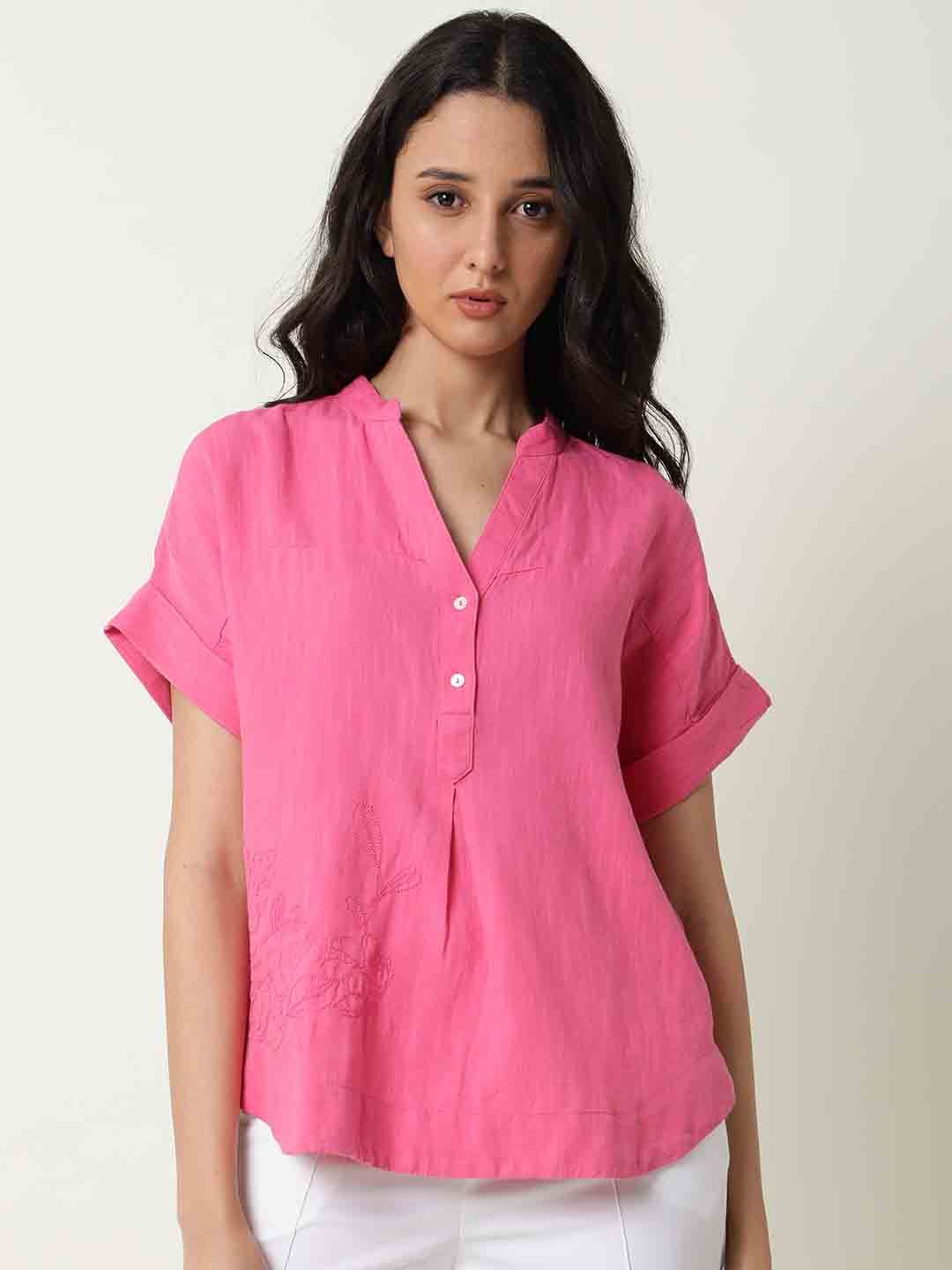RAREISM Pink Mandarin Collar Extended Sleeves Shirt Style Top Price in India