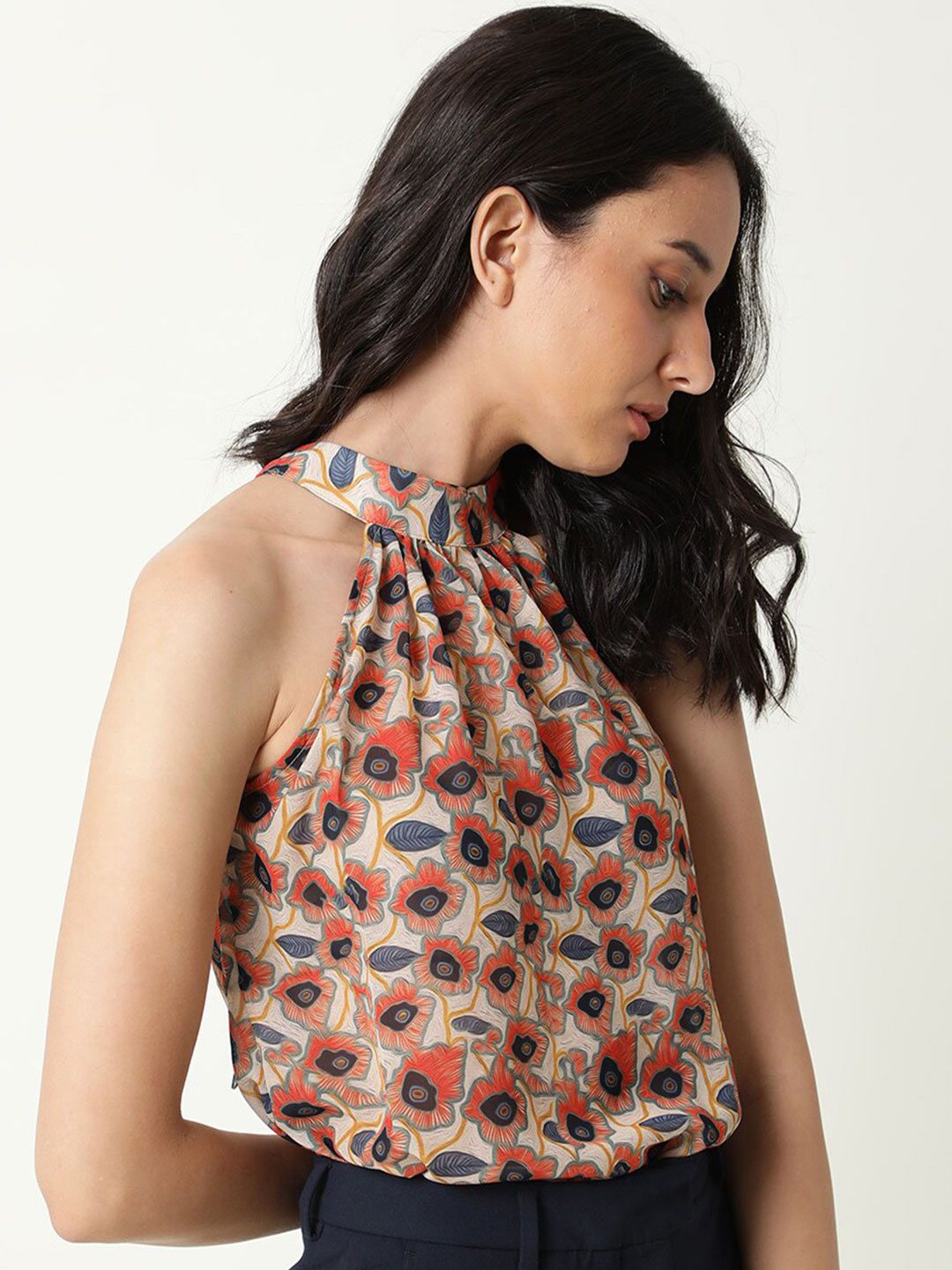 RAREISM Beige & Red Floral Print Choker Neck Top Price in India