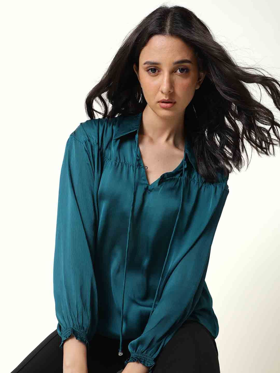 RAREISM Teal Cuffed Shirt Style Top Price in India