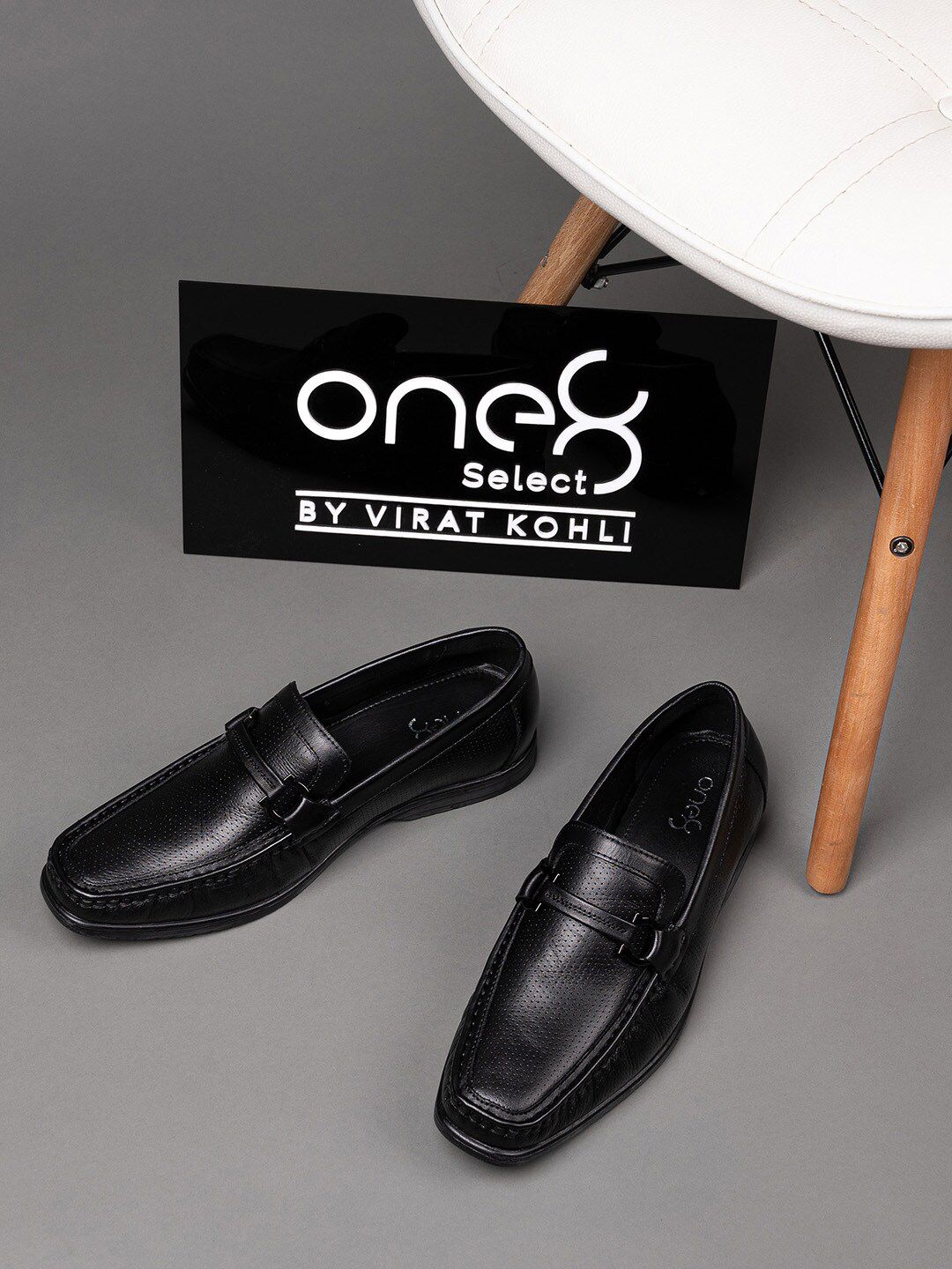 One8 Men Black Solid Leather Loafers Shoes